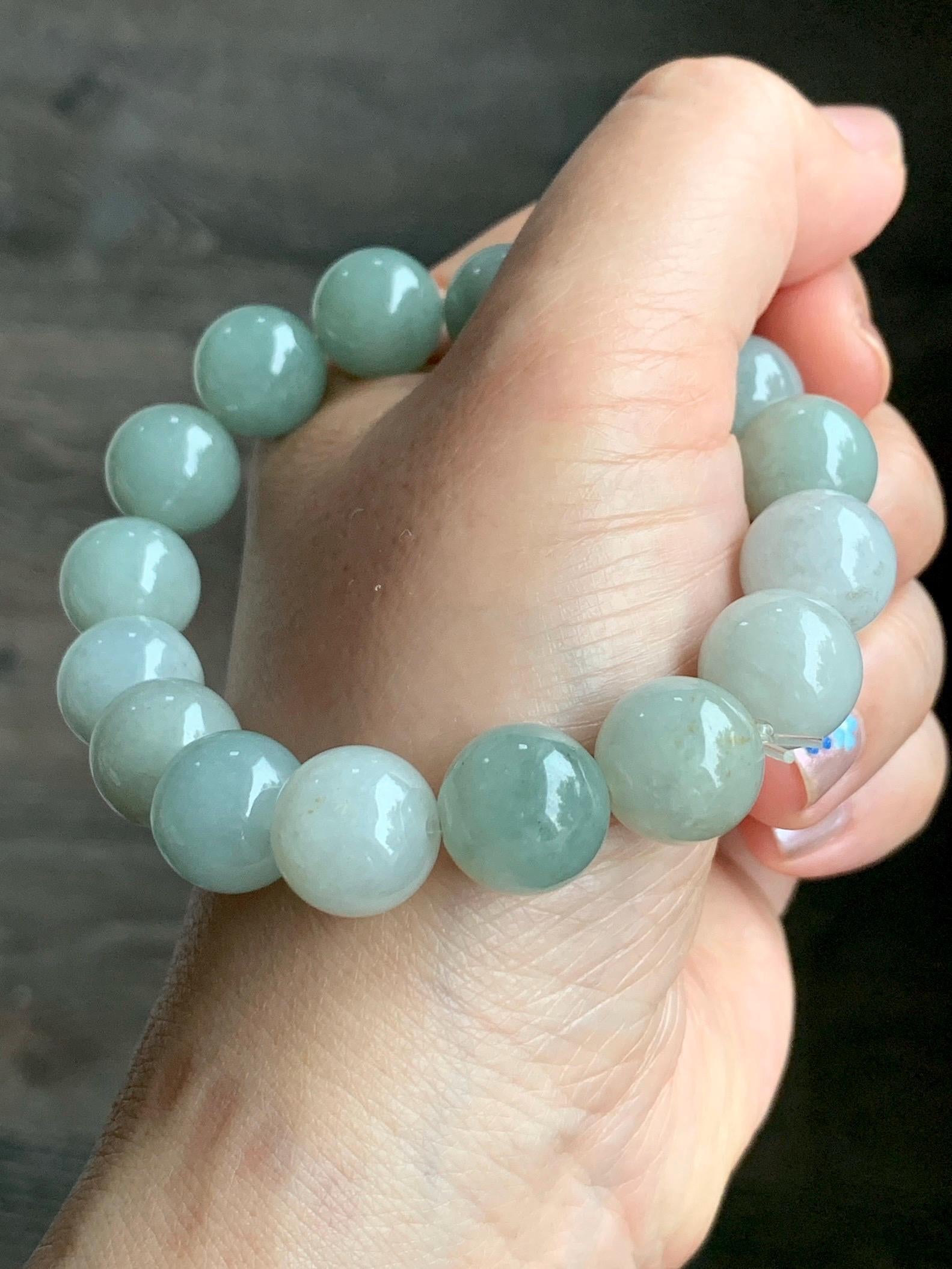 Natural Grade A Icy Translucent Pastel Dusty Green Multicolored Jadeite Large Beaded Bracelet Stretchy 12.86mm 7.5” 58g 天然细糯多宝翡翠大卡手串 ADB268