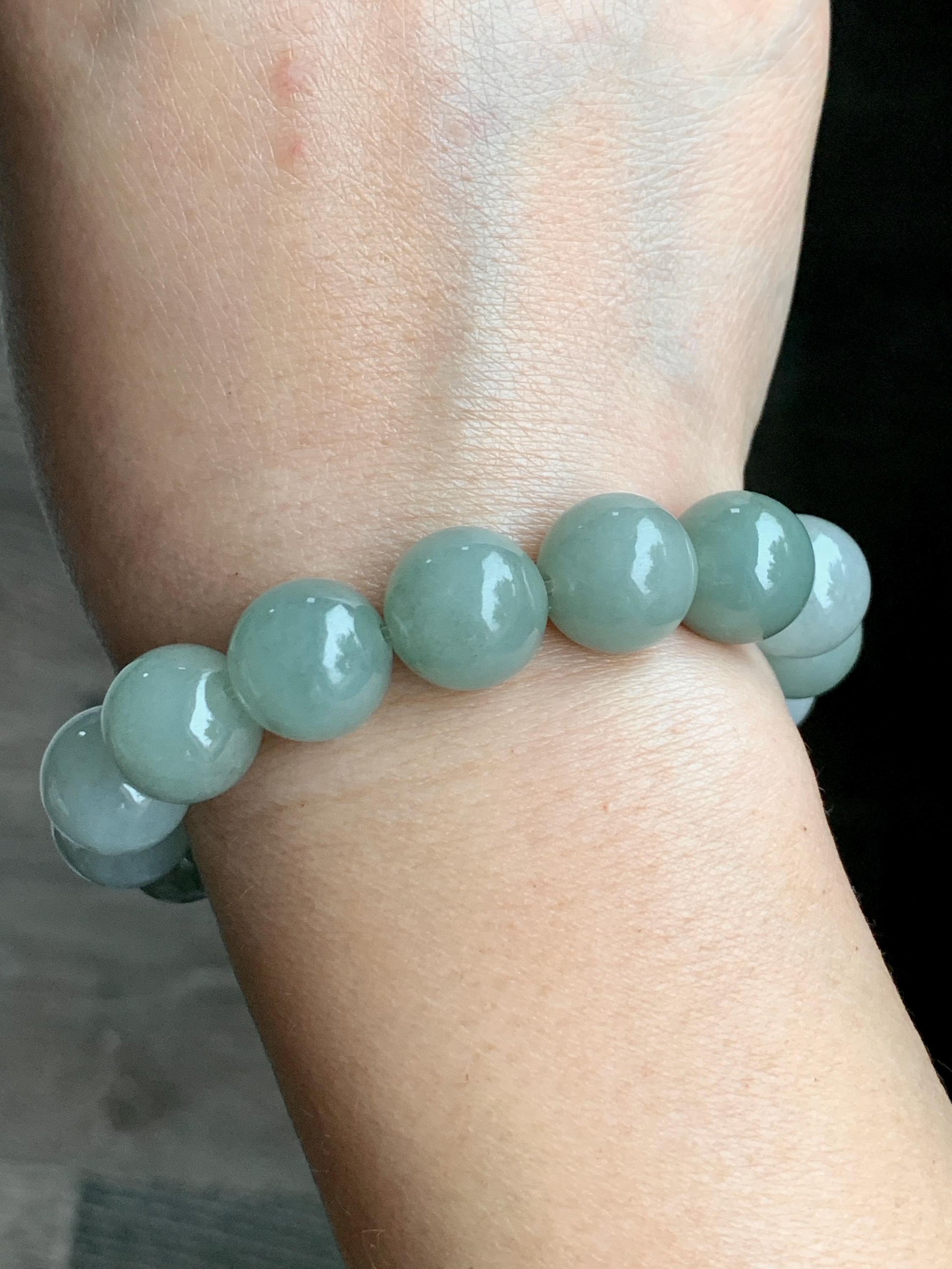 Natural Grade A Icy Translucent Pastel Dusty Green Multicolored Jadeite Large Beaded Bracelet Stretchy 12.86mm 7.5” 58g 天然细糯多宝翡翠大卡手串 ADB268