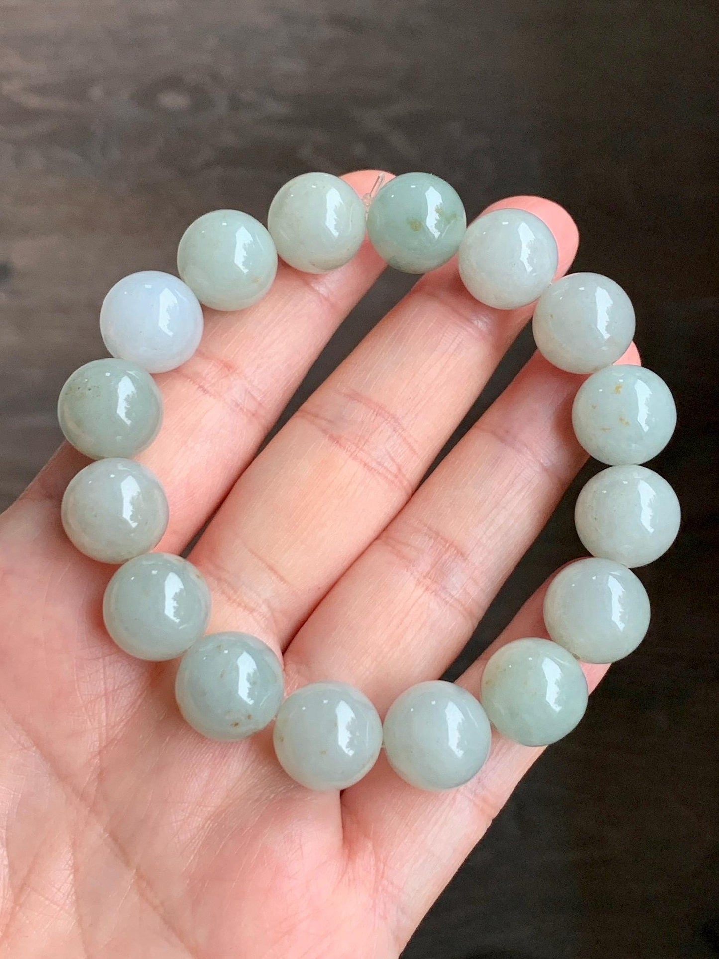Natural Grade A Icy Translucent Pastel Dusty Green Multicolored Jadeite Large Beaded Bracelet Stretchy 12.88mm 7.5” 58g 天然细糯多宝翡翠大卡手串 AYS268