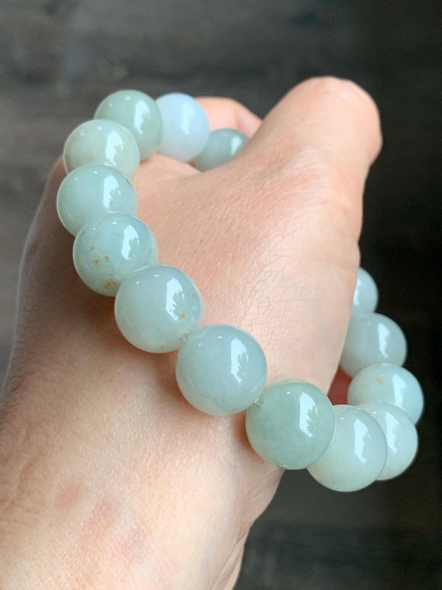 Natural Grade A Icy Translucent Pastel Dusty Green Multicolored Jadeite Large Beaded Bracelet Stretchy 12.88mm 7.5” 58g 天然细糯多宝翡翠大卡手串 AYS268