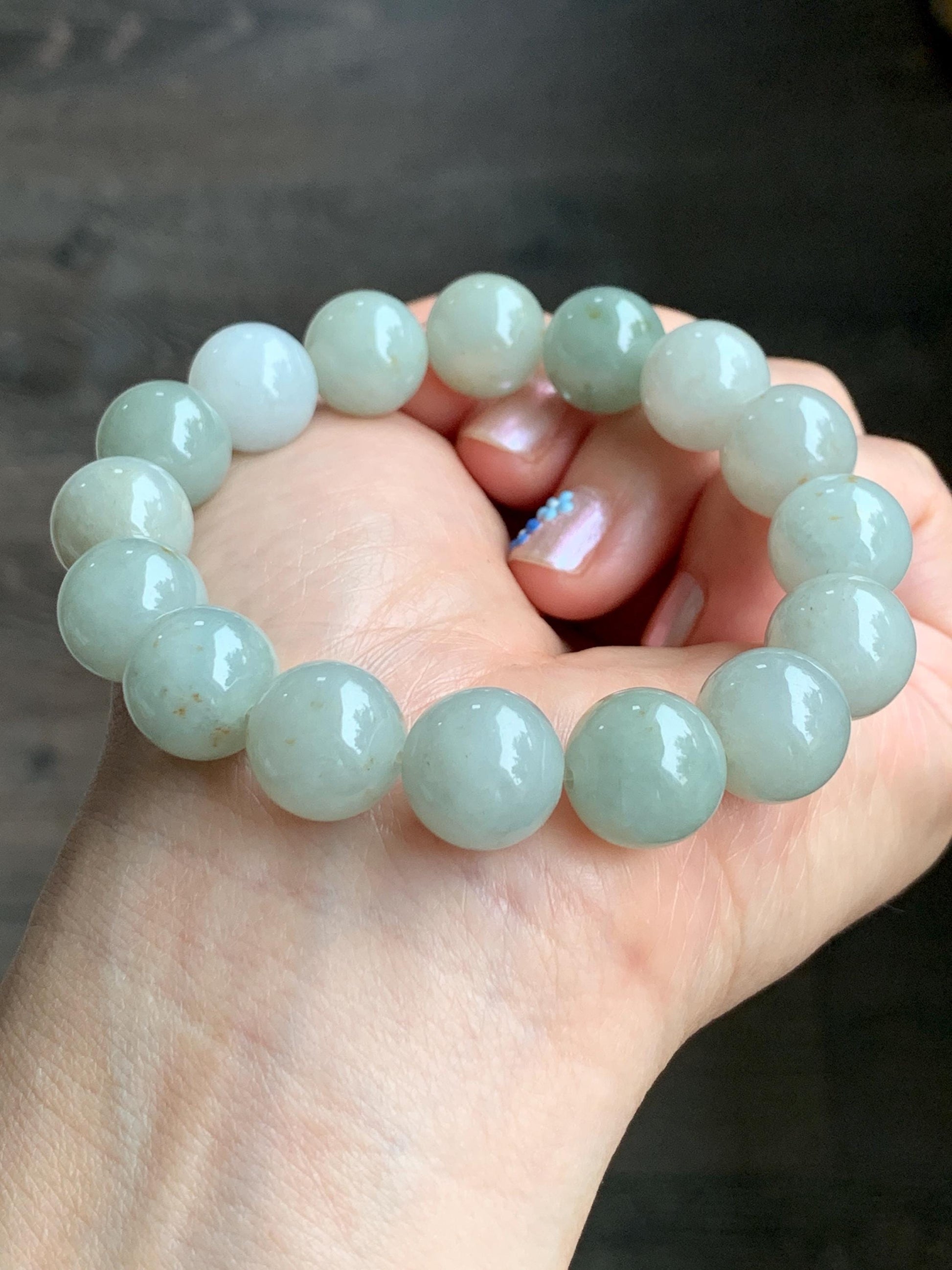 Natural Grade A Icy Translucent Pastel Dusty Green Multicolored Jadeite Large Beaded Bracelet Stretchy 12.88mm 7.5” 58g 天然细糯多宝翡翠大卡手串 AYS268