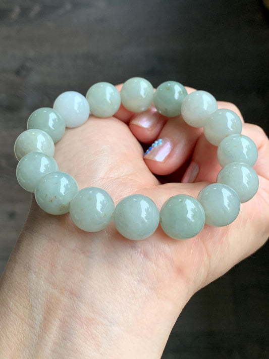 Natural Grade A Icy Translucent Pastel Dusty Green Multicolored Jadeite Large Beaded Bracelet Stretchy 12.88mm 7.5” 58g 天然细糯多宝翡翠大卡手串 AYS268