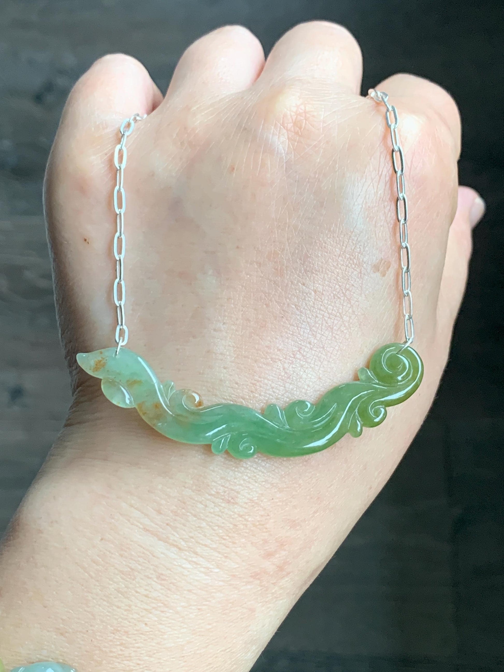 Natural Grade A Icy Translucent Tea Green Red Marbled Jadeite Engraved Crescent Pendant 999 Sterling Silver Necklace 天然冰茶黄撒金翡翠玉横足银项链 CHH283