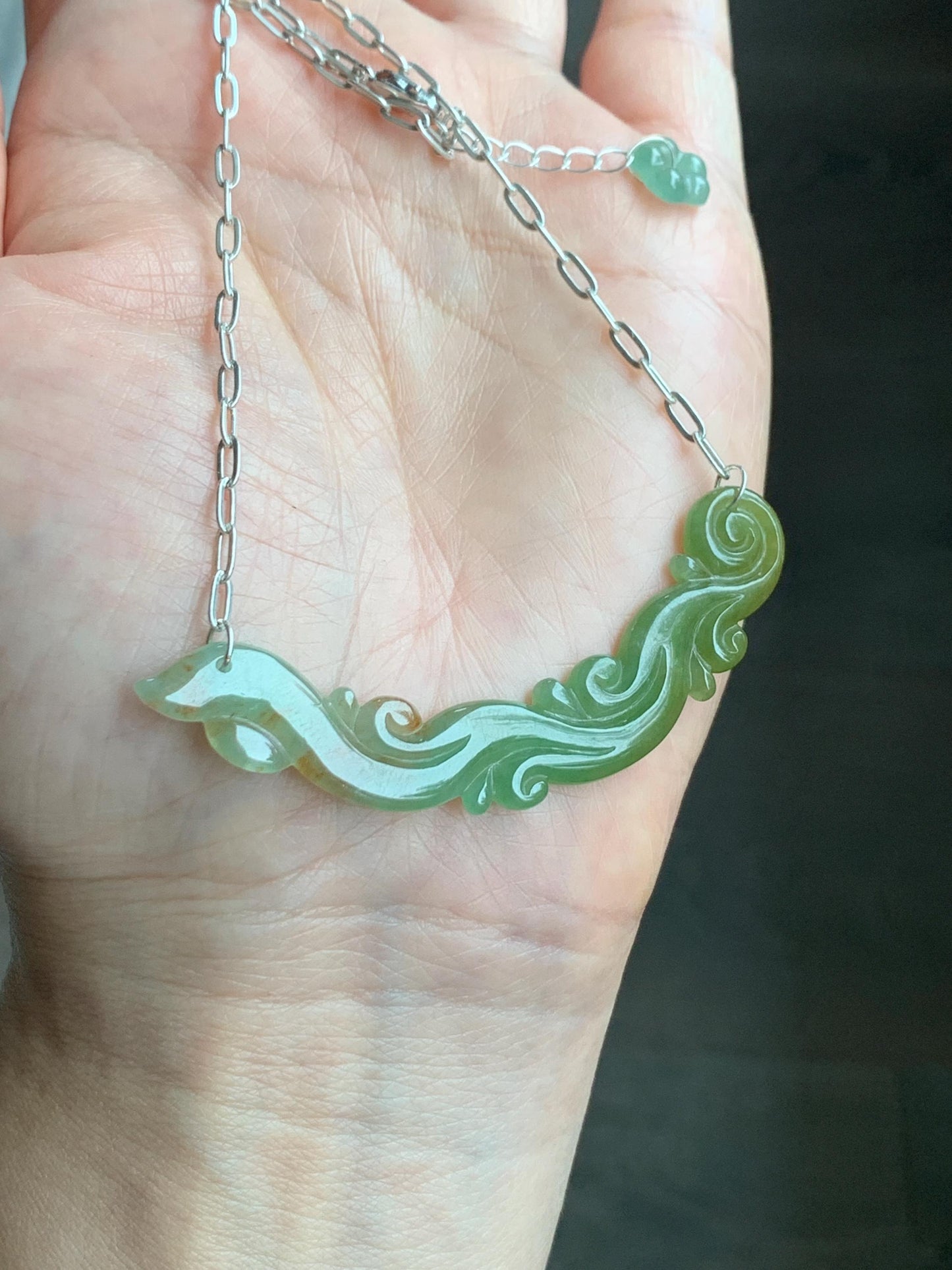 Natural Grade A Icy Translucent Tea Green Red Marbled Jadeite Engraved Crescent Pendant 999 Sterling Silver Necklace 天然冰茶黄撒金翡翠玉横足银项链 CHH283