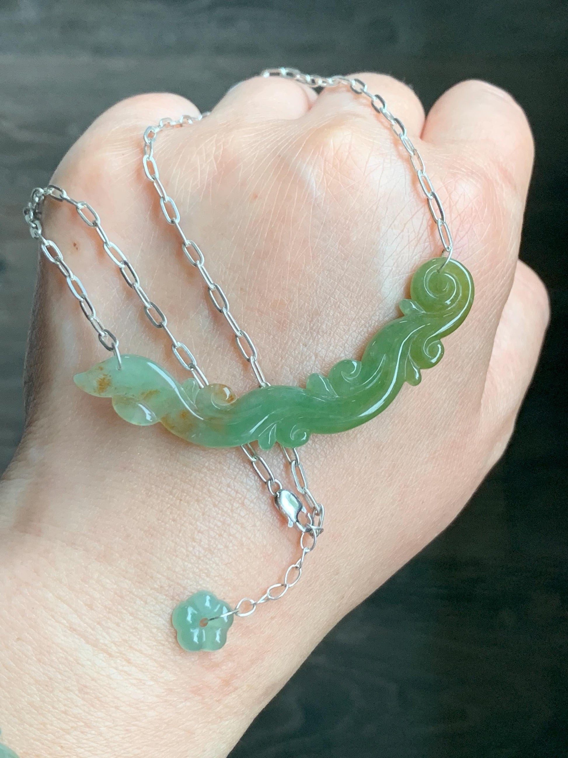 Natural Grade A Icy Translucent Tea Green Red Marbled Jadeite Engraved Crescent Pendant 999 Sterling Silver Necklace 天然冰茶黄撒金翡翠玉横足银项链 CHH283