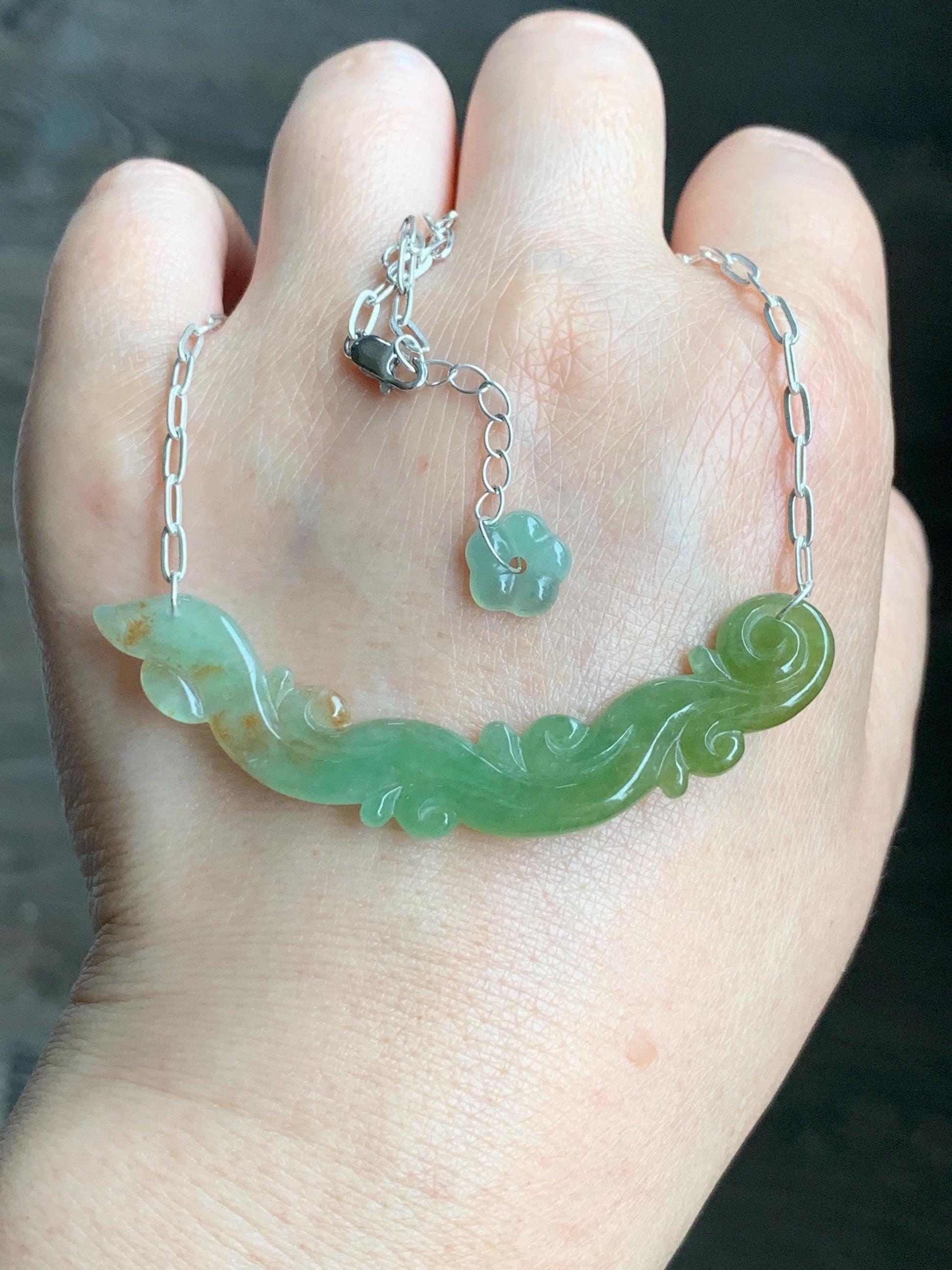 Natural Grade A Icy Translucent Tea Green Red Marbled Jadeite Engraved Crescent Pendant 999 Sterling Silver Necklace 天然冰茶黄撒金翡翠玉横足银项链 CHH283