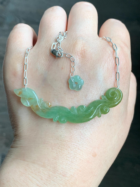 Natural Grade A Icy Translucent Tea Green Red Marbled Jadeite Engraved Crescent Pendant 999 Sterling Silver Necklace 天然冰茶黄撒金翡翠玉横足银项链 CHH283