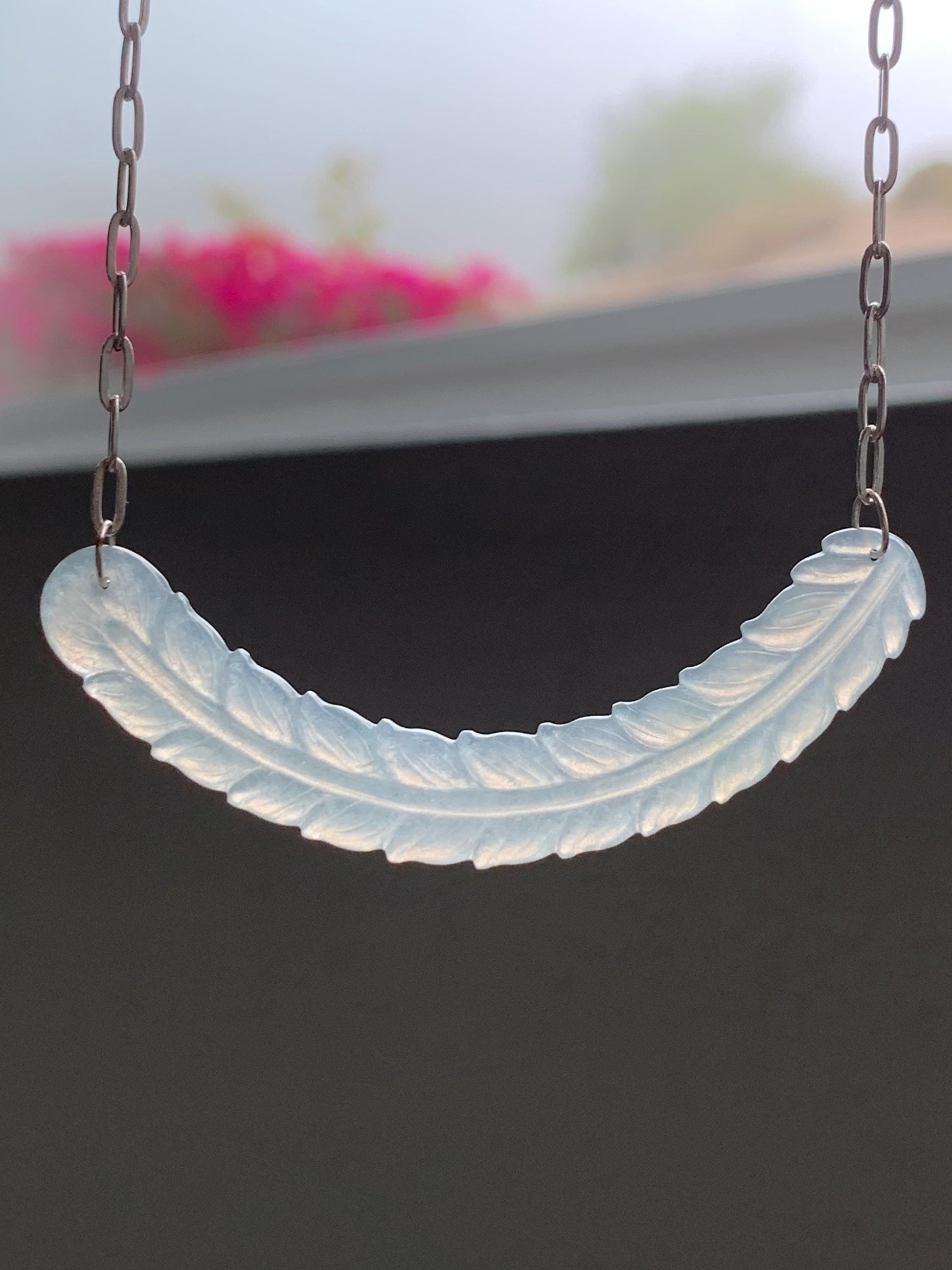 Natural Grade A Icy Highly Translucent Jade Jadeite Crescent Feather Pendant 999 Sterling Silver Necklace 19" 8g 天然冰胶晴底翡翠羽毛玉横足银项链 MBY250