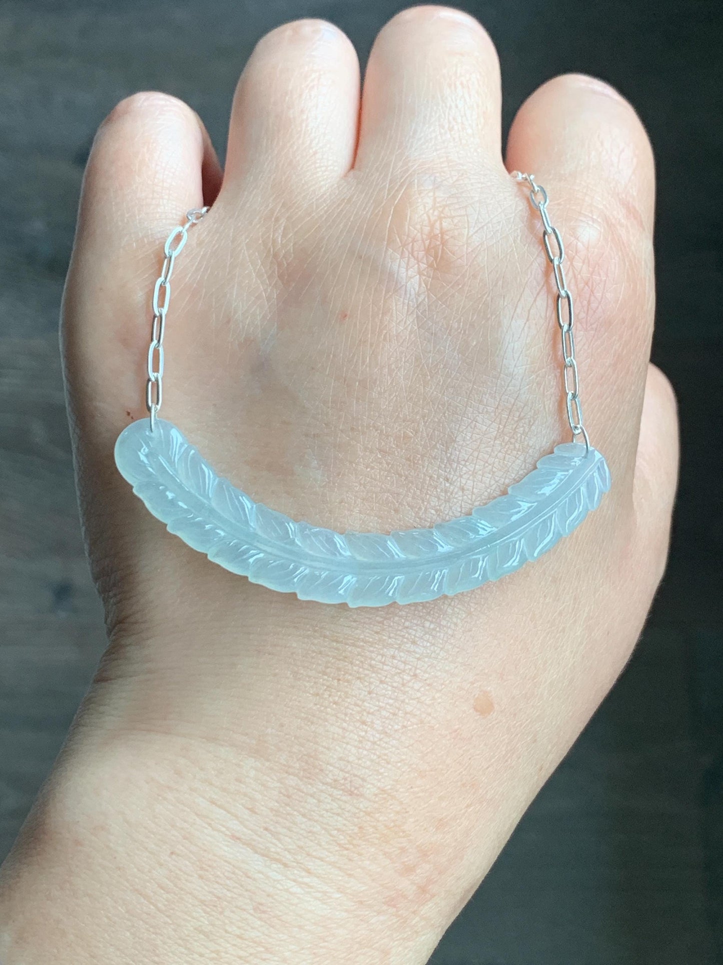 Natural Grade A Icy Highly Translucent Jade Jadeite Crescent Feather Pendant 999 Sterling Silver Necklace 19" 8g 天然冰胶晴底翡翠羽毛玉横足银项链 MBY250