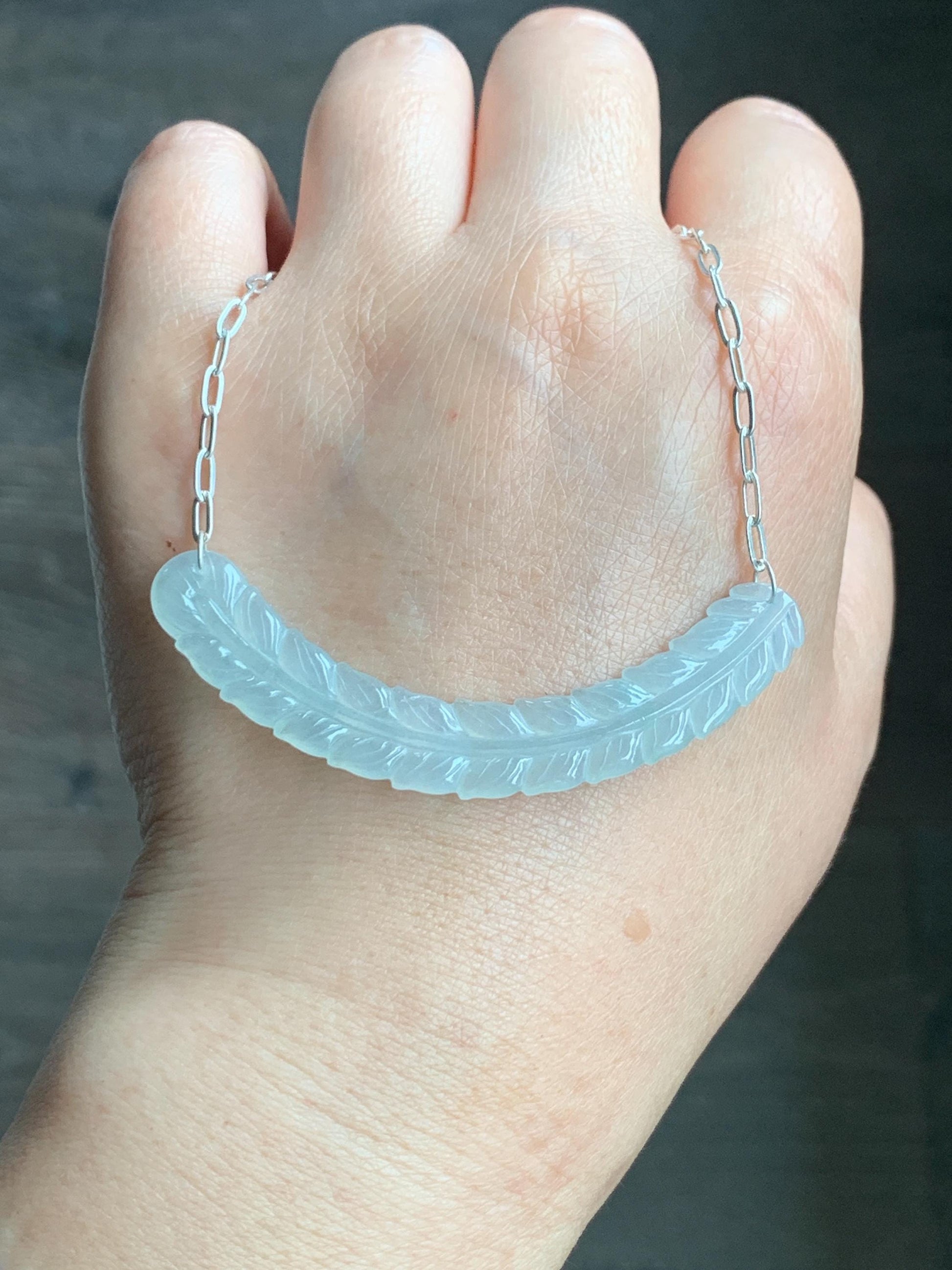 Natural Grade A Icy Highly Translucent Jade Jadeite Crescent Feather Pendant 999 Sterling Silver Necklace 19" 8g 天然冰胶晴底翡翠羽毛玉横足银项链 MBY250