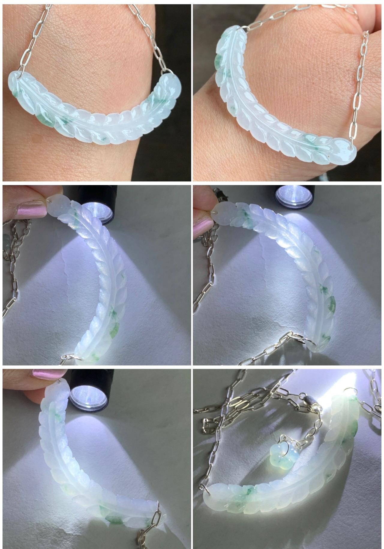 Natural Grade A Icy Highly Translucent Green Marbled Jadeite Crescent Feather Pendant 999 Sterling Silver Necklace 天然冰胶飘花翡翠羽毛玉横足银项链 MPH335