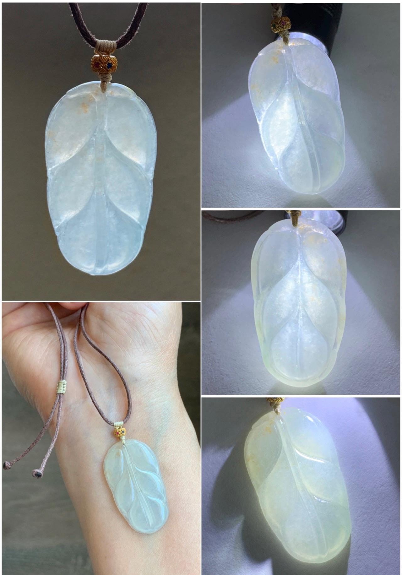 Natural Grade A Icy Highly Translucent Light Beige Golden Marbled Jadeite Leaf Pendant Rope Necklace 24" Adjustable 天然冰糖撒金翡翠大叶有成吊坠项链 MBT-S