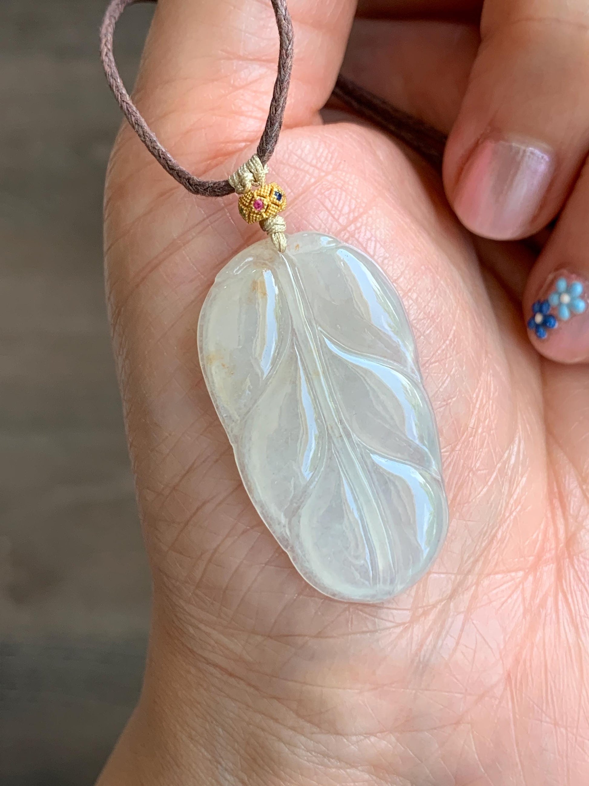 Natural Grade A Icy Highly Translucent Light Beige Golden Marbled Jadeite Leaf Pendant Rope Necklace 24" Adjustable 天然冰糖撒金翡翠大叶有成吊坠项链 MBT-S