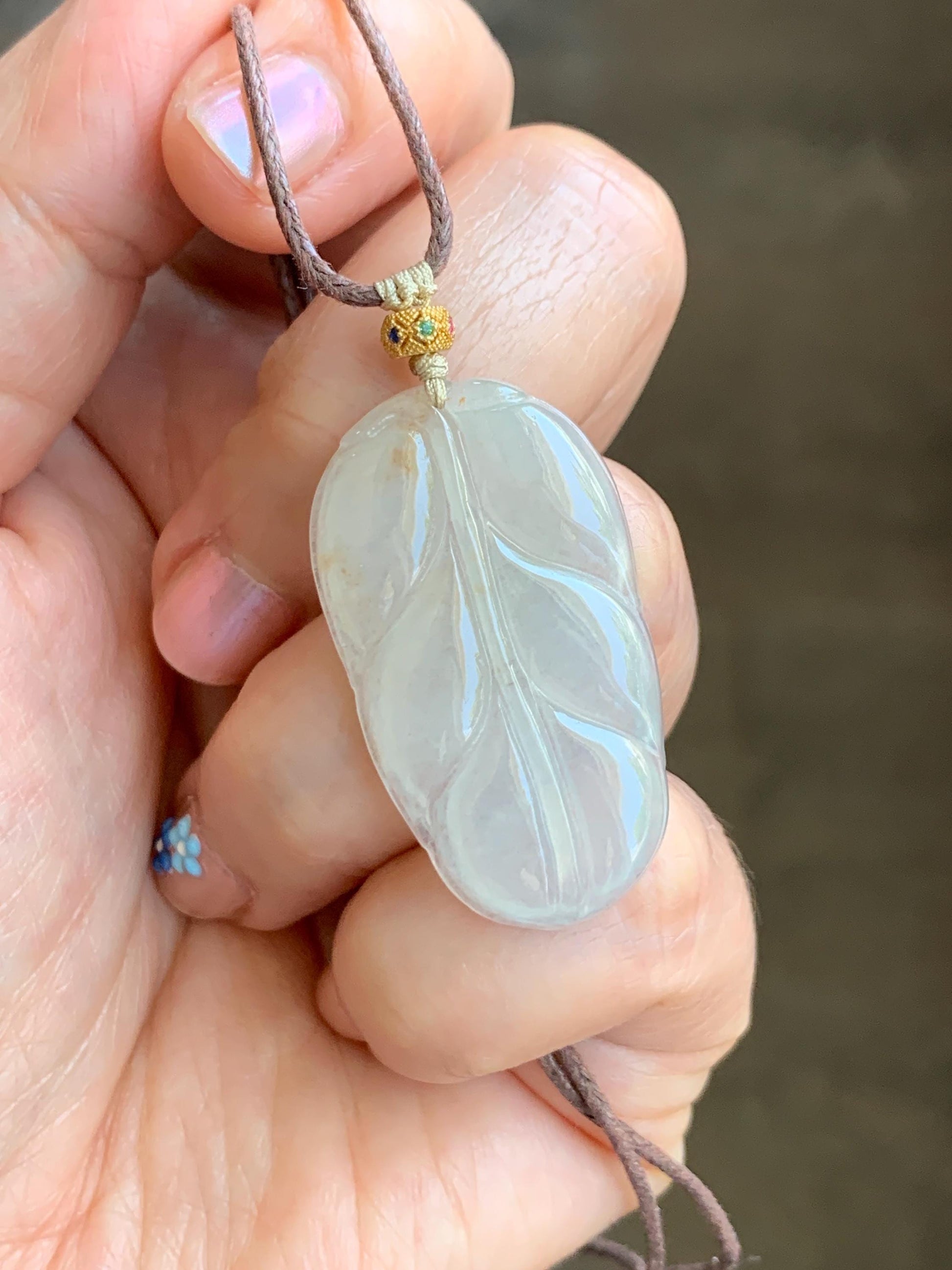 Natural Grade A Icy Highly Translucent Light Beige Golden Marbled Jadeite Leaf Pendant Rope Necklace 24" Adjustable 天然冰糖撒金翡翠大叶有成吊坠项链 MBT-S