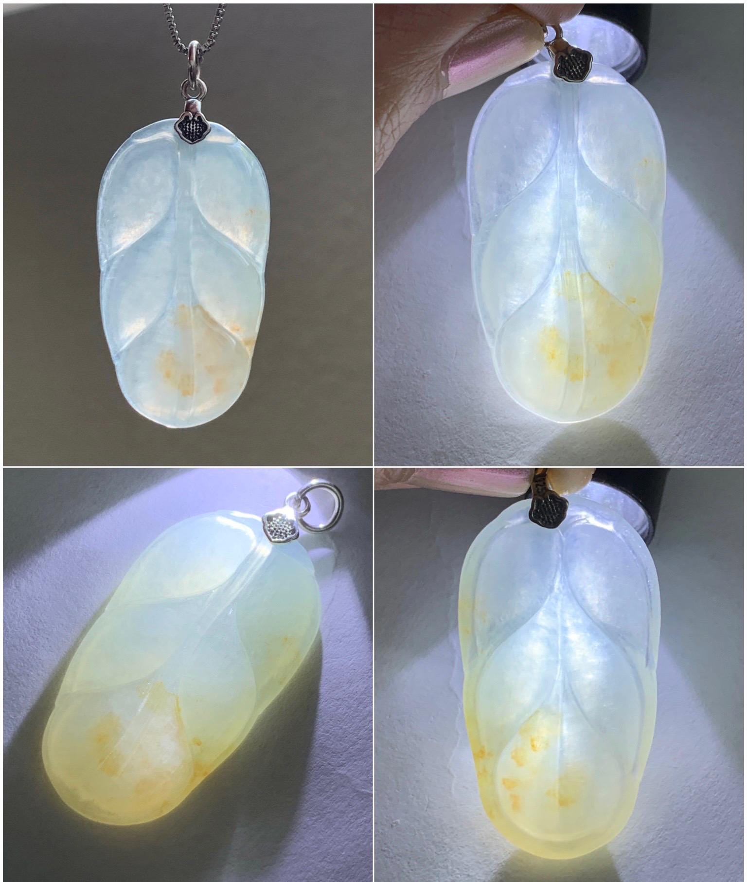 Natural Grade A Icy Highly Translucent Light Beige Golden Marbled Jade Jadeite Leaf Pendant Sterling Silver 6g 天然冰糖撒金翡翠大叶有成吊坠 MBT-Y