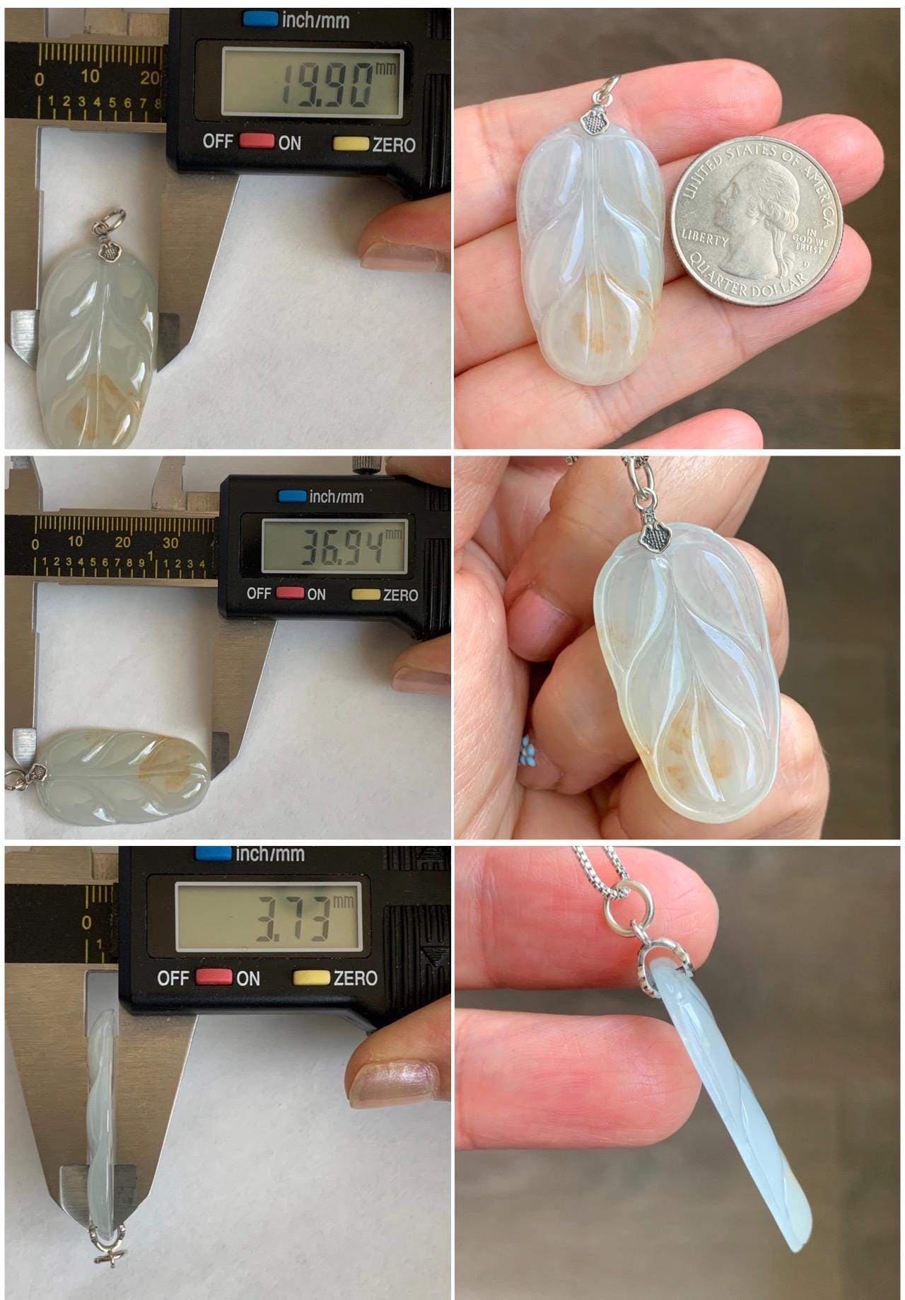 Natural Grade A Icy Highly Translucent Light Beige Golden Marbled Jade Jadeite Leaf Pendant Sterling Silver 6g 天然冰糖撒金翡翠大叶有成吊坠 MBT-Y