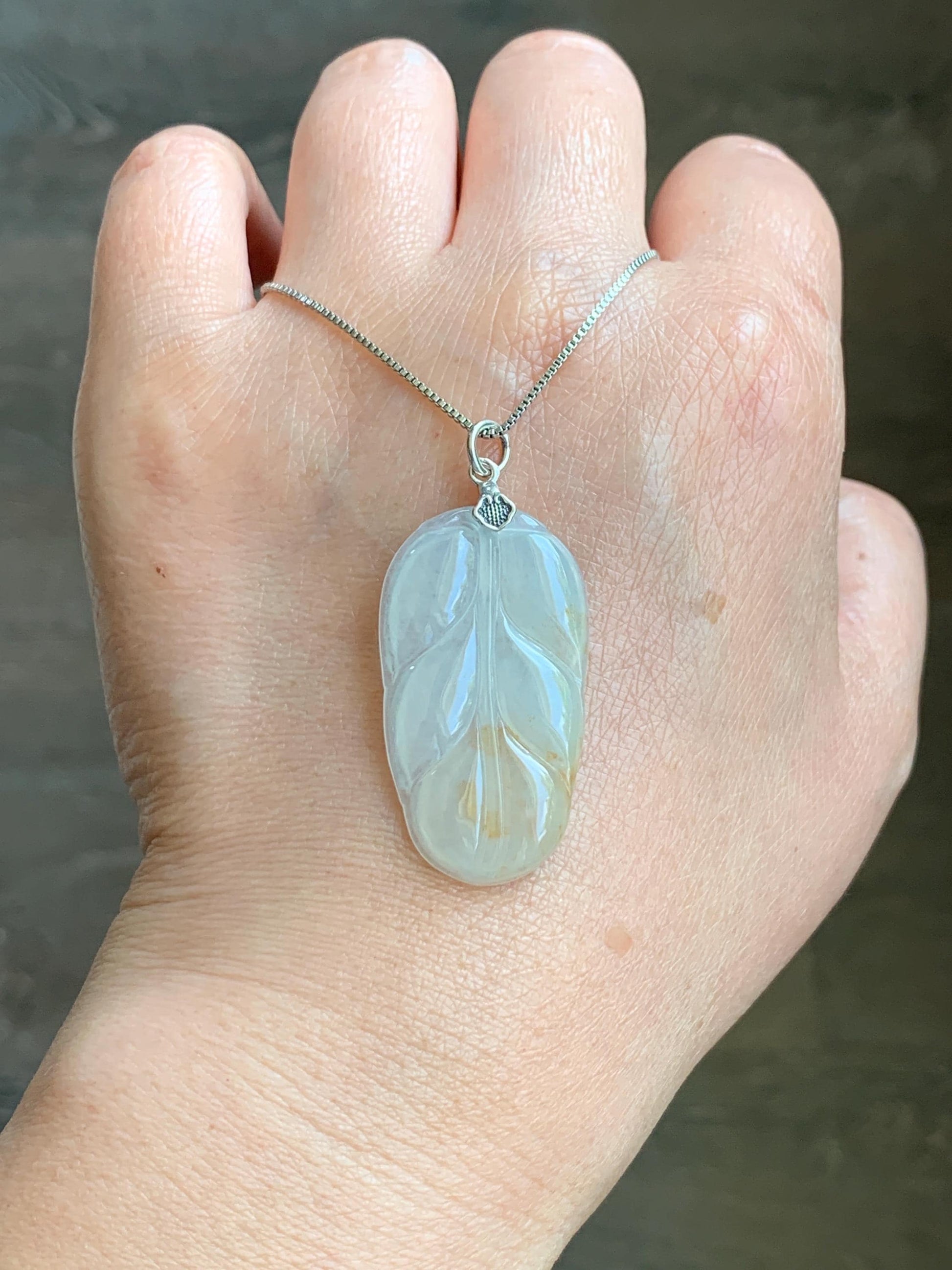 Natural Grade A Icy Highly Translucent Light Beige Golden Marbled Jade Jadeite Leaf Pendant Sterling Silver 6g 天然冰糖撒金翡翠大叶有成吊坠 MBT-Y