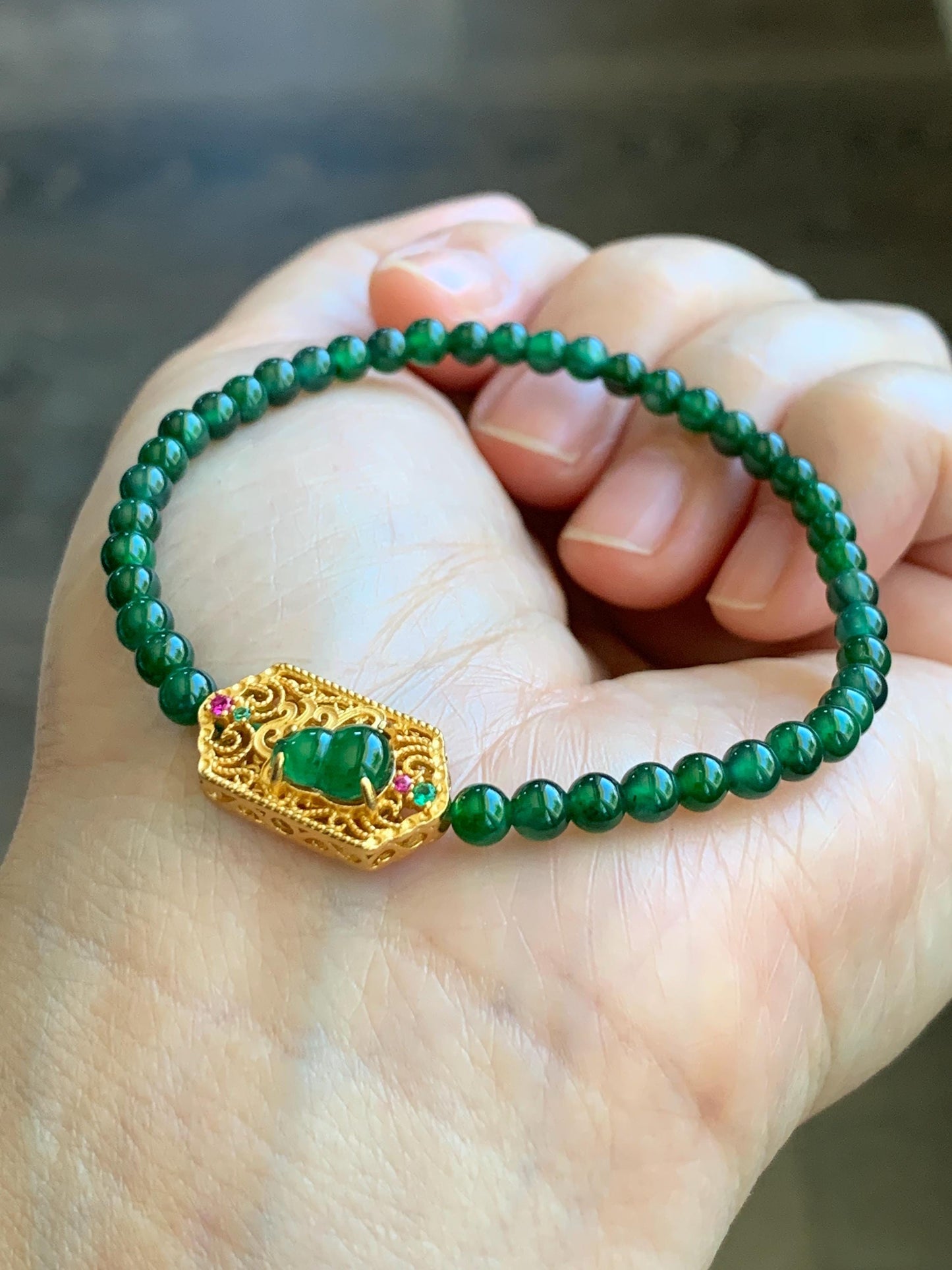 Natural Grade A Guatemalan Icy Green Jade Jadeite Petite Beads Gourd Charm Beaded Bracelet 3.8mm 6.75” Sterling Silver 天然冰危绿翡翠小圆珠葫芦潘多拉手串 CWH