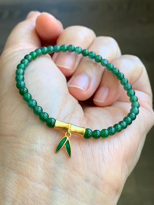Natural Grade A Guatemalan Icy Green Jade Jadeite Petite Beads Bamboo Charm Beaded Bracelet 3.8mm 6.25” Sterling Silver 天然冰危绿翡翠小圆珠手串 CWZ130