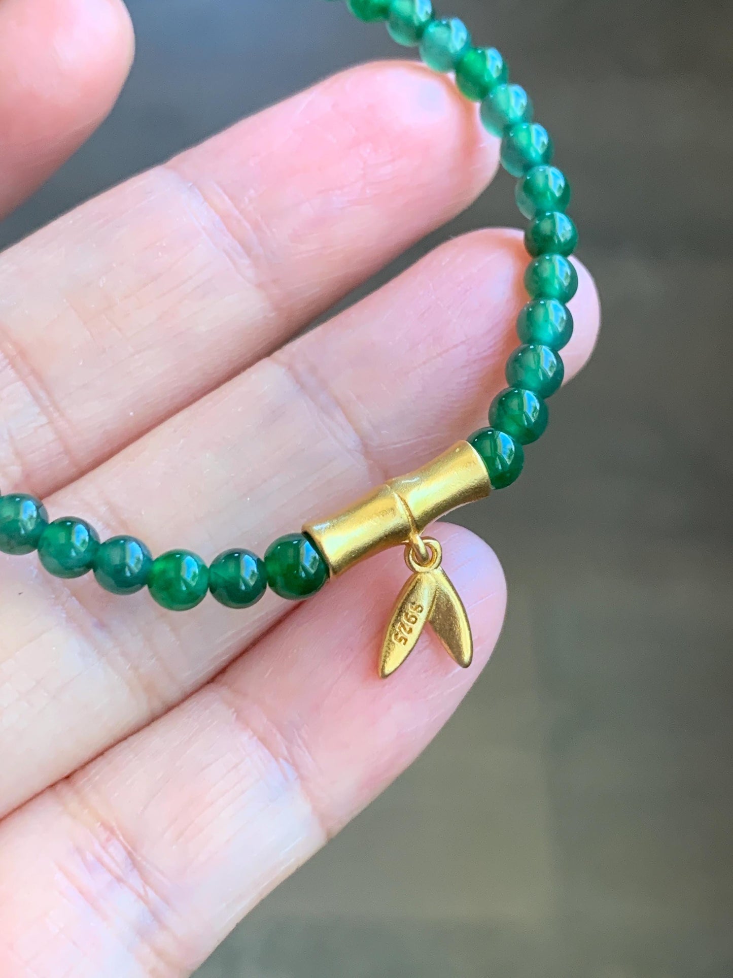 Natural Grade A Guatemalan Icy Green Jade Jadeite Petite Beads Bamboo Charm Beaded Bracelet 3.8mm 6.25” Sterling Silver 天然冰危绿翡翠小圆珠手串 CWZ130