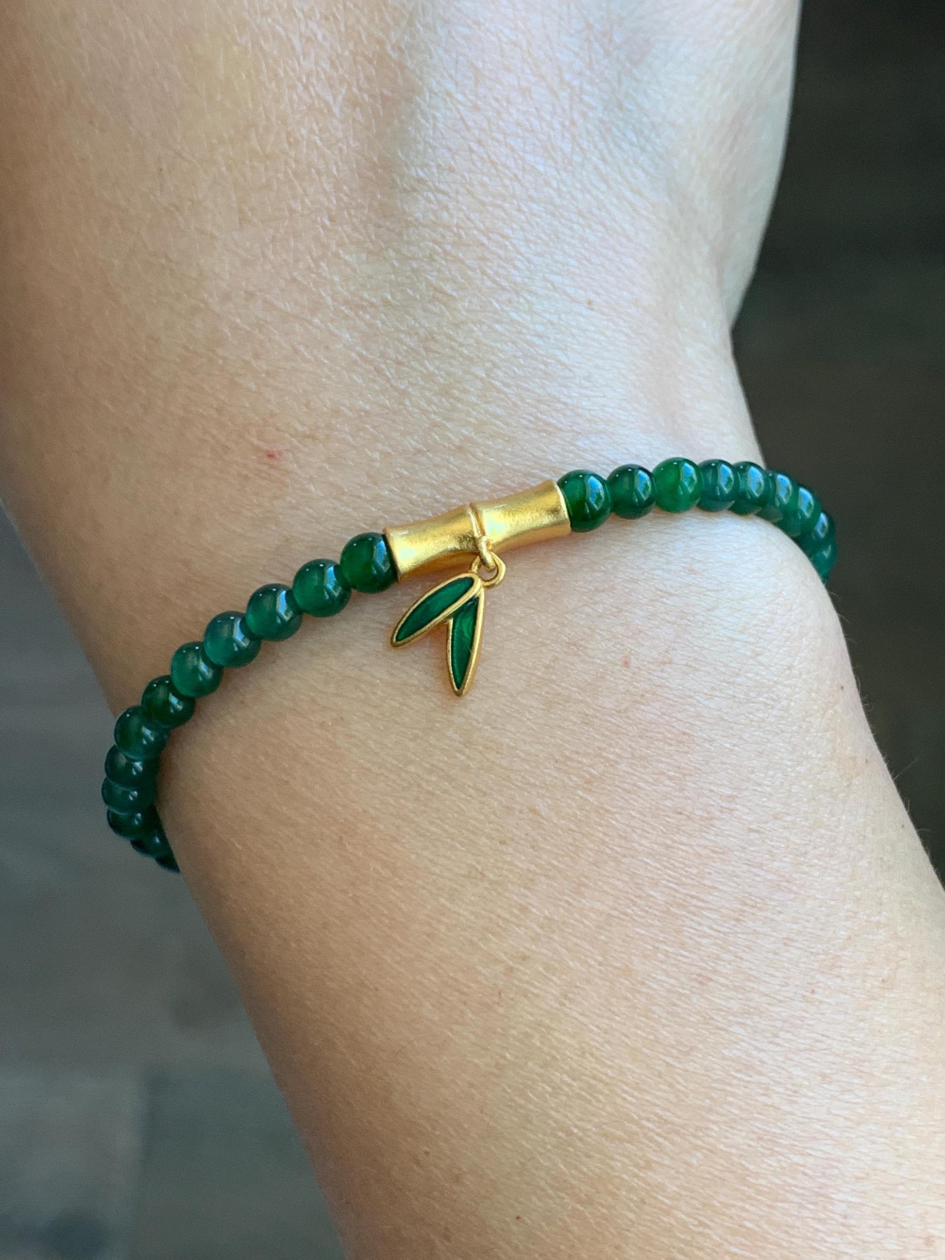Natural Grade A Guatemalan Icy Green Jade Jadeite Petite Beads Bamboo Charm Beaded Bracelet 3.8mm 6.25” Sterling Silver 天然冰危绿翡翠小圆珠手串 CWZ130