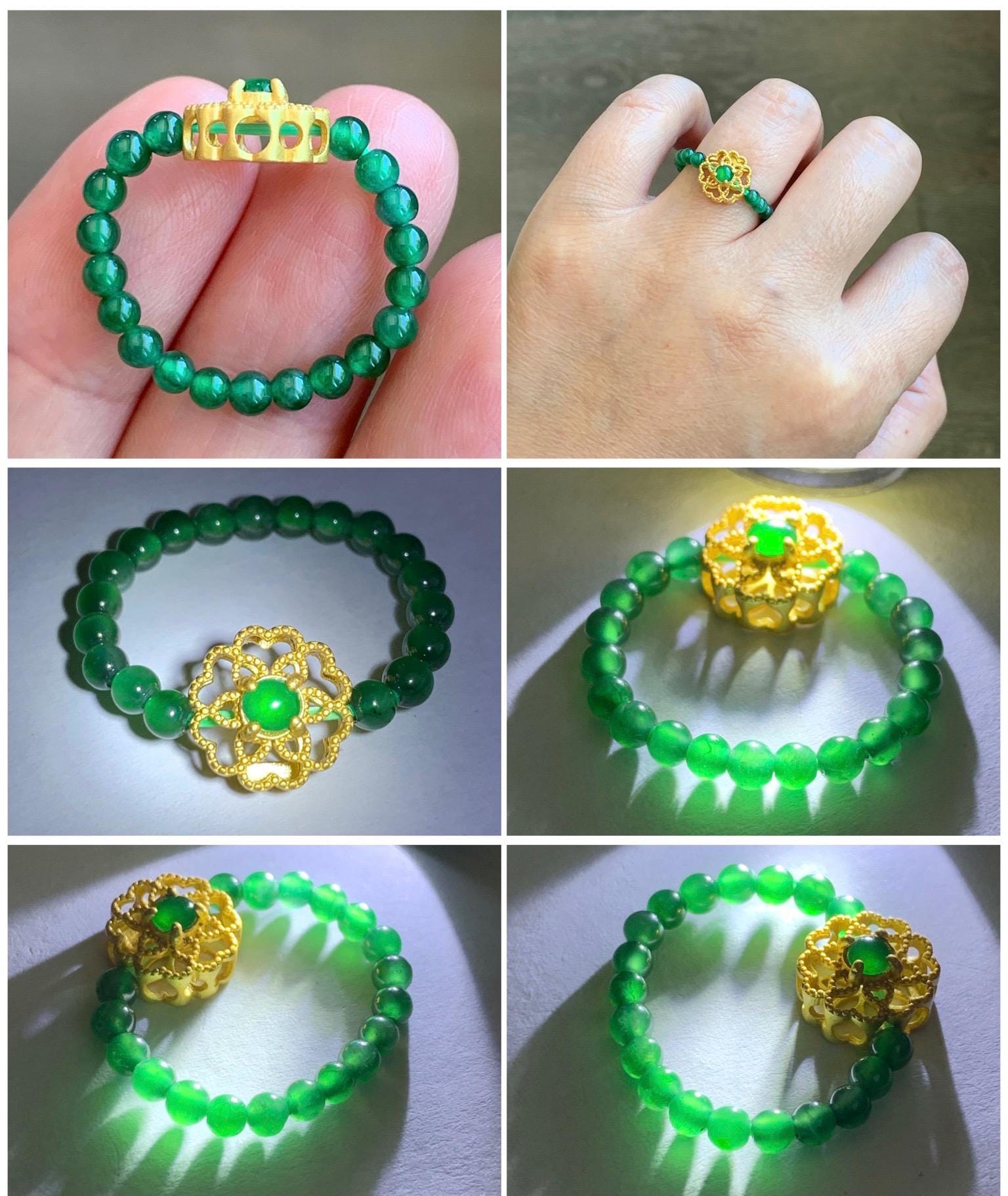 Natural Guatemalan Icy Translucent Vibrant Green Jade Jadeite Petite Beads Floral Charm Beaded Band Ring Size 6.75 US 天然冰危绿翡翠小珠潘多拉戒圈 WLJ-P