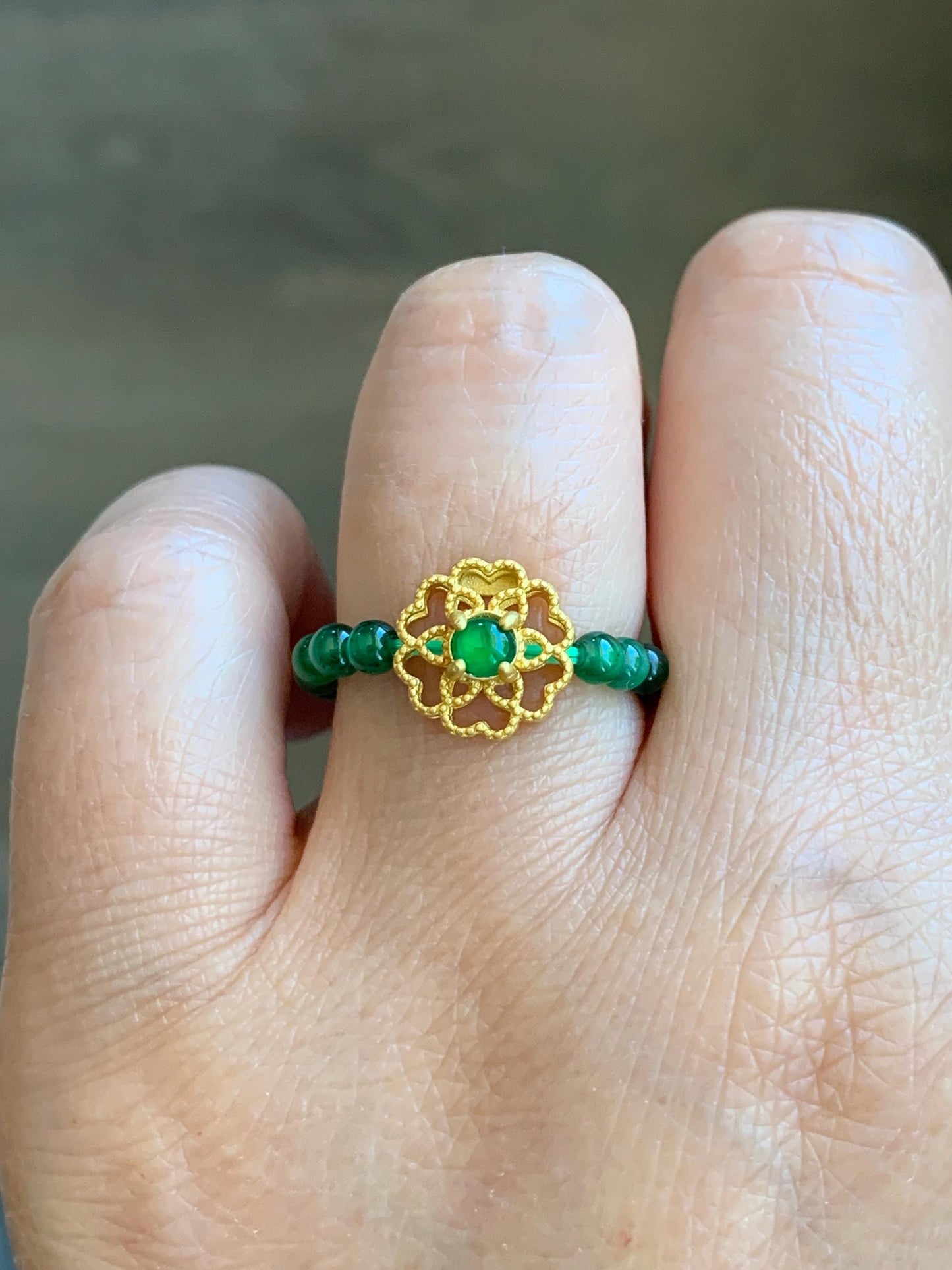 Natural Guatemalan Icy Translucent Vibrant Green Jade Jadeite Petite Beads Floral Charm Beaded Band Ring Size 6.75 US 天然冰危绿翡翠小珠潘多拉戒圈 WLJ-P