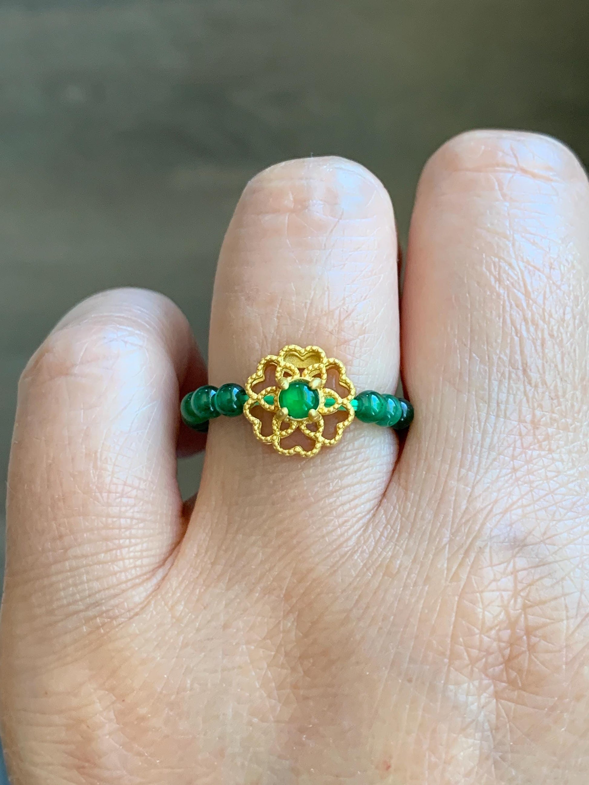 Natural Guatemalan Icy Translucent Vibrant Green Jade Jadeite Petite Beads Floral Charm Beaded Band Ring Size 6.75 US 天然冰危绿翡翠小珠潘多拉戒圈 WLJ-P