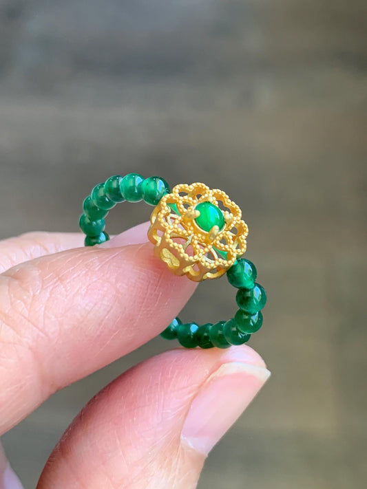 Natural Guatemalan Icy Translucent Vibrant Green Jade Jadeite Petite Beads Floral Charm Beaded Band Ring Size 6.75 US 天然冰危绿翡翠小珠潘多拉戒圈 WLJ-P