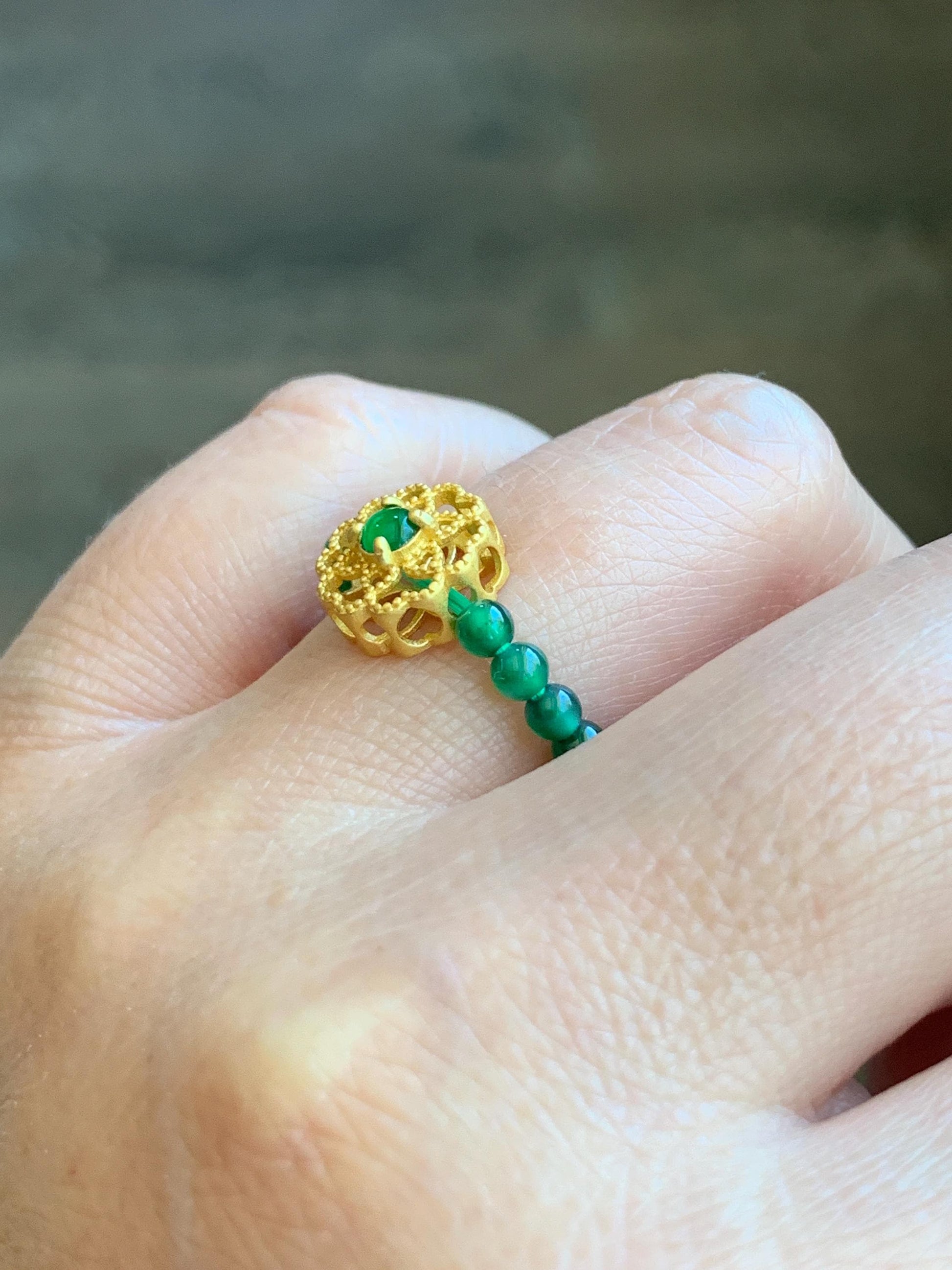 Natural Guatemalan Icy Translucent Vibrant Green Jade Jadeite Petite Beads Floral Charm Beaded Band Ring Size 6.75 US 天然冰危绿翡翠小珠潘多拉戒圈 WLJ-P