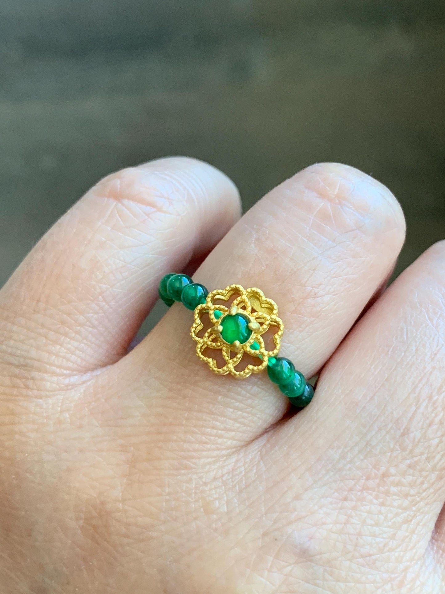 Natural Guatemalan Icy Translucent Vibrant Green Jade Jadeite Petite Beads Floral Charm Beaded Band Ring Size 6.75 US 天然冰危绿翡翠小珠潘多拉戒圈 WLJ-P