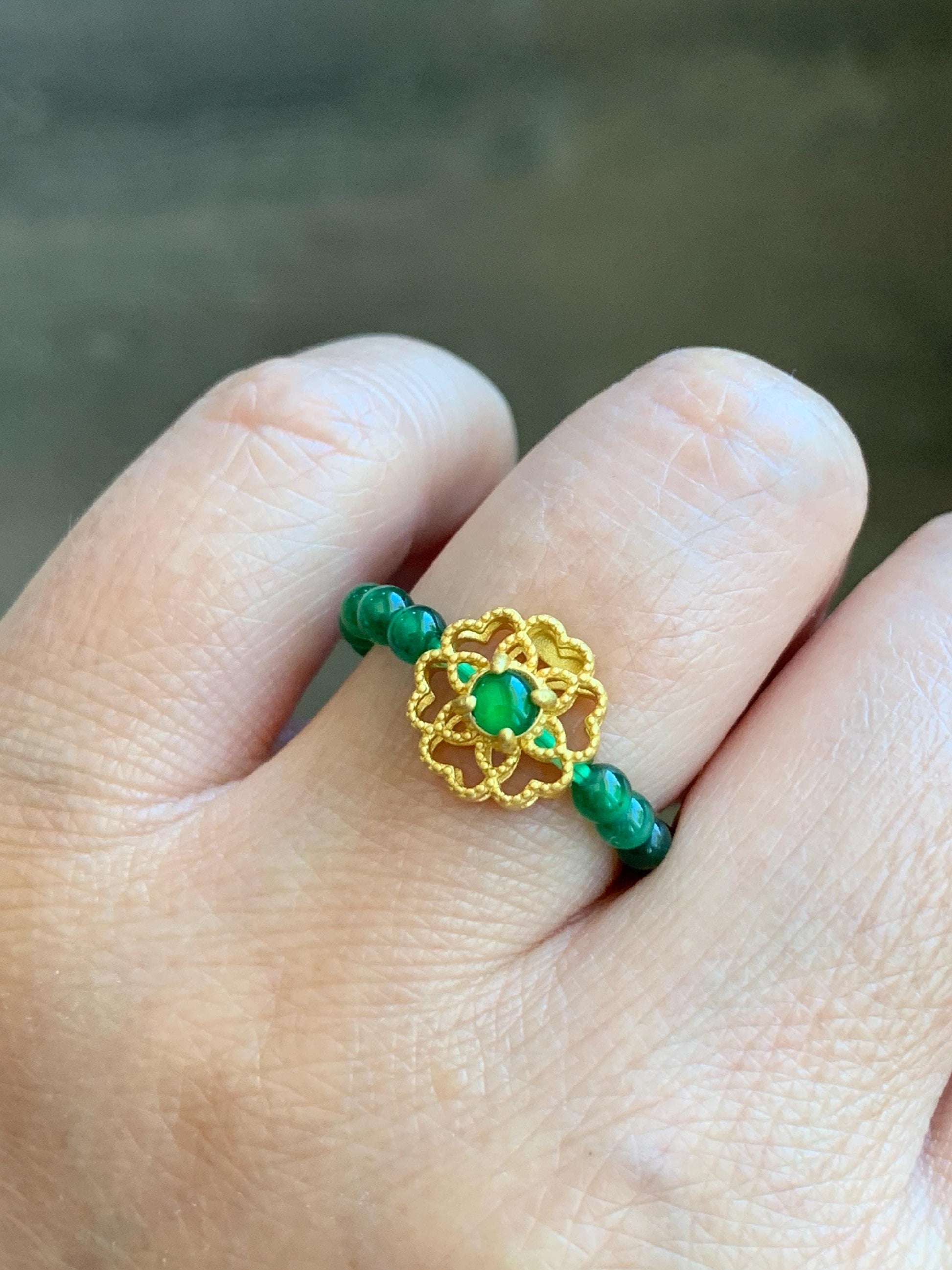 Natural Guatemalan Icy Translucent Vibrant Green Jade Jadeite Petite Beads Floral Charm Beaded Band Ring Size 6.75 US 天然冰危绿翡翠小珠潘多拉戒圈 WLJ-P
