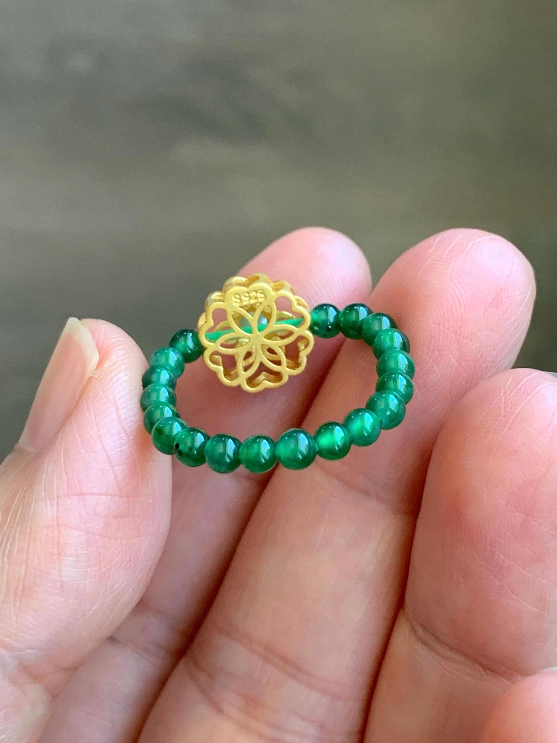 Natural Guatemalan Icy Translucent Vibrant Green Jade Jadeite Petite Beads Floral Charm Beaded Band Ring Size 6.75 US 天然冰危绿翡翠小珠潘多拉戒圈 WLJ-P