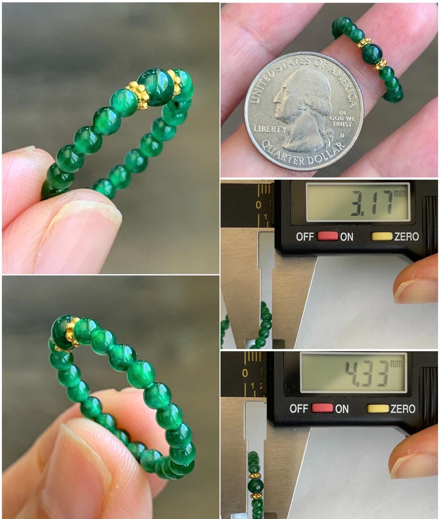 Natural Guatemalan Icy Translucent Vibrant Green Jade Jadeite Petite Beads Sterling Silver Beaded Band Ring Size 7 US 天然冰危绿翡翠小珠戒圈 WLJ-Z