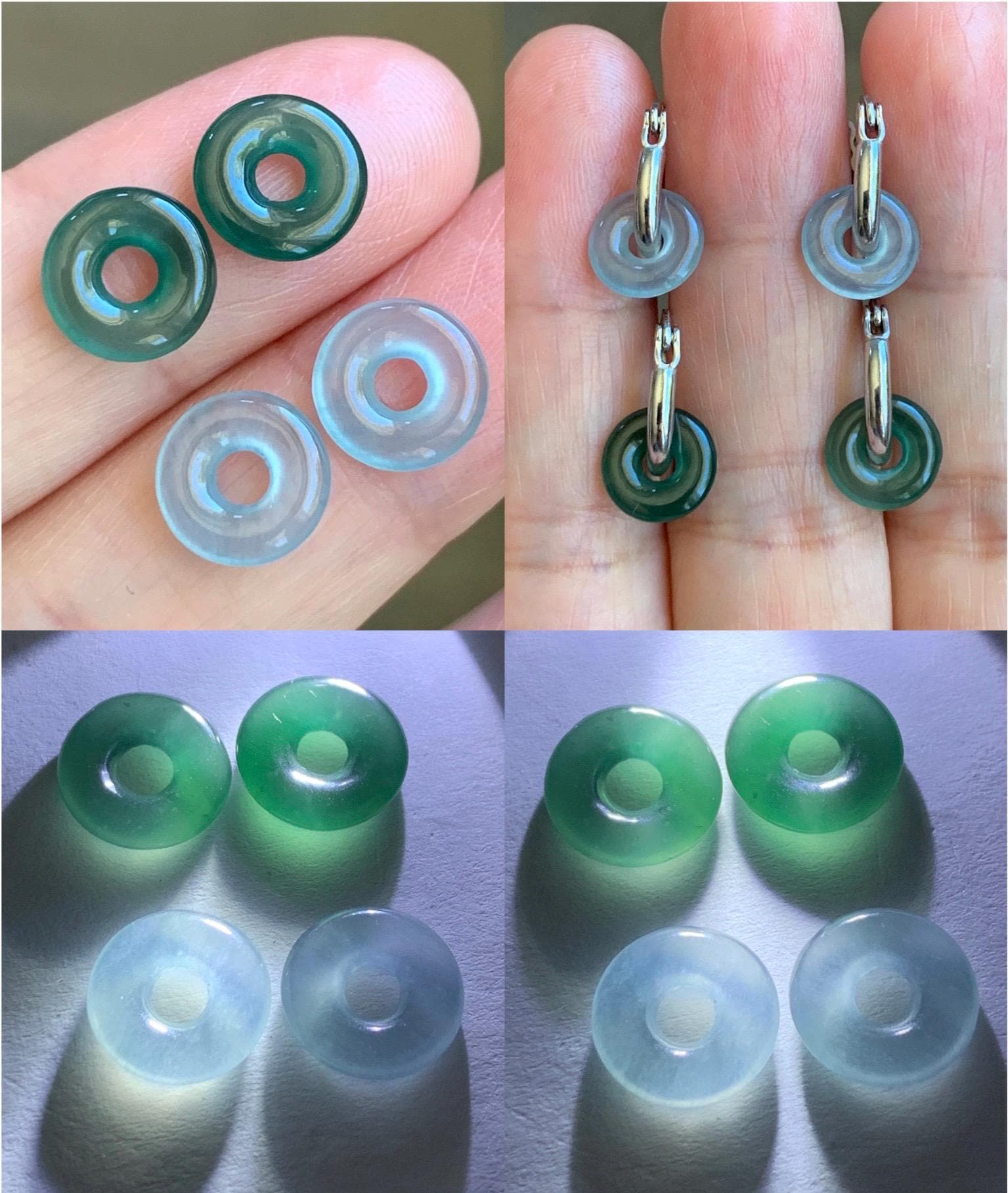 Natural Guatemalan Icy Highly Translucent Jade Jadeite Ping An Kou Mini Donut Huggie Hoop Earrings Sterling Silver 天然冰胶起光蓝绿翡翠迷你平安扣银耳包 XKQ