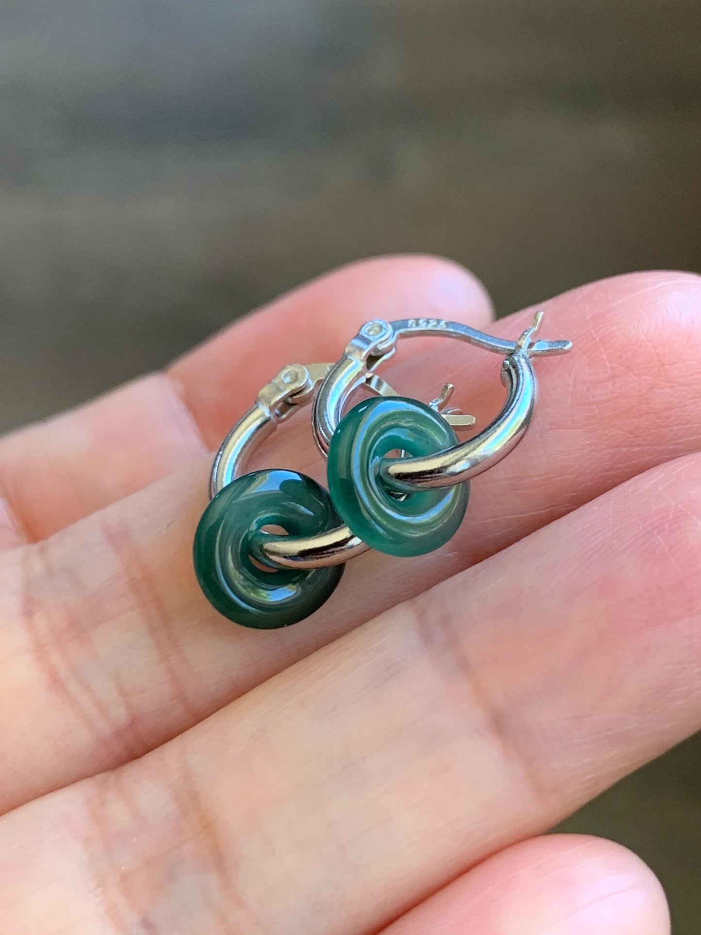 Natural Guatemalan Icy Highly Translucent Jade Jadeite Ping An Kou Mini Donut Huggie Hoop Earrings Sterling Silver 天然冰胶起光蓝绿翡翠迷你平安扣银耳包 XKQ