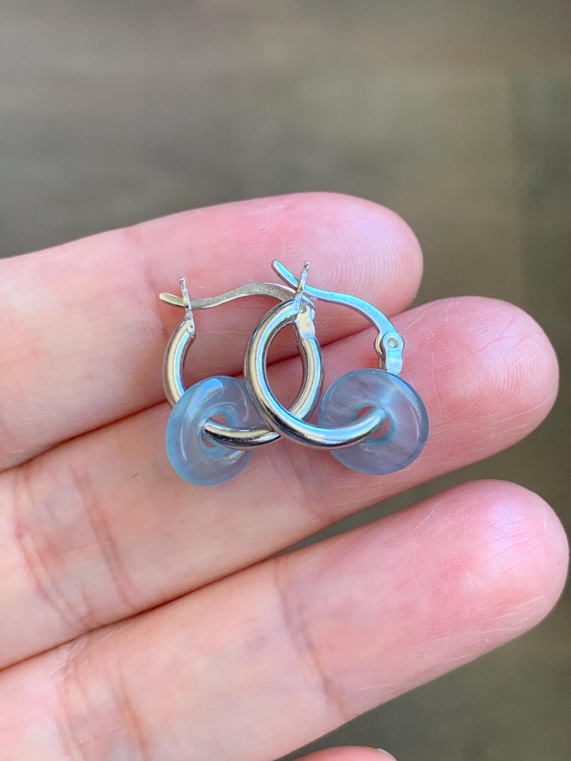 Natural Guatemalan Icy Highly Translucent Jade Jadeite Ping An Kou Mini Donut Huggie Hoop Earrings Sterling Silver 天然冰胶起光蓝绿翡翠迷你平安扣银耳包 XKQ