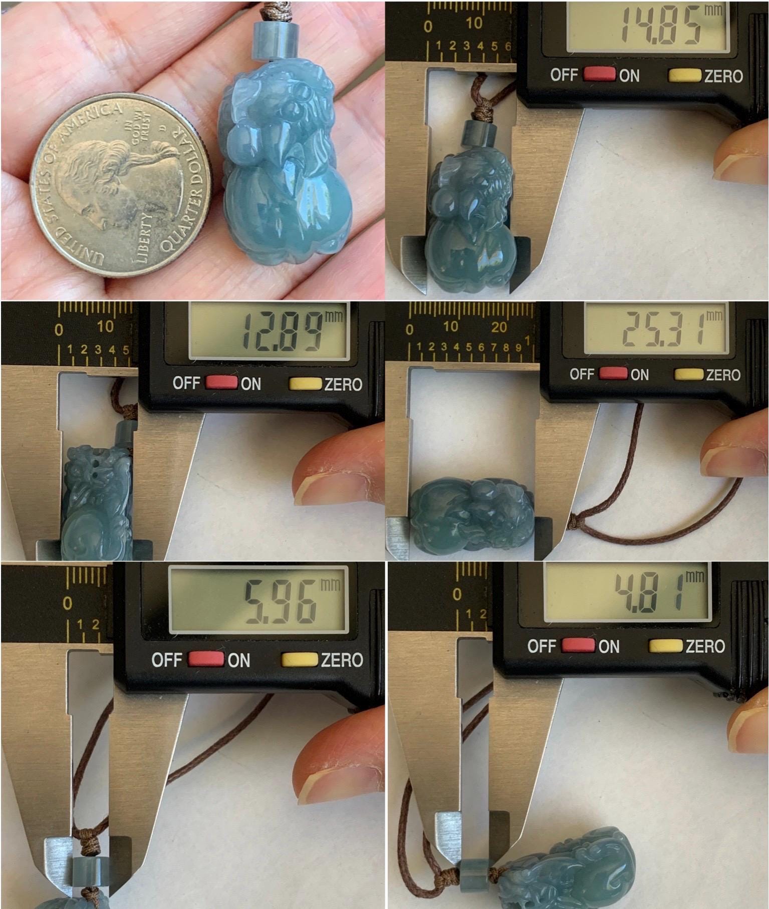 Natural Grade A Icy Translucent Gelatinous Light Blue Jade Jadeite Carved Pixiu Pendant Rope Necklace 25" 12g 天然冰胶浅蓝翡翠精工貔貅吊坠 MTL