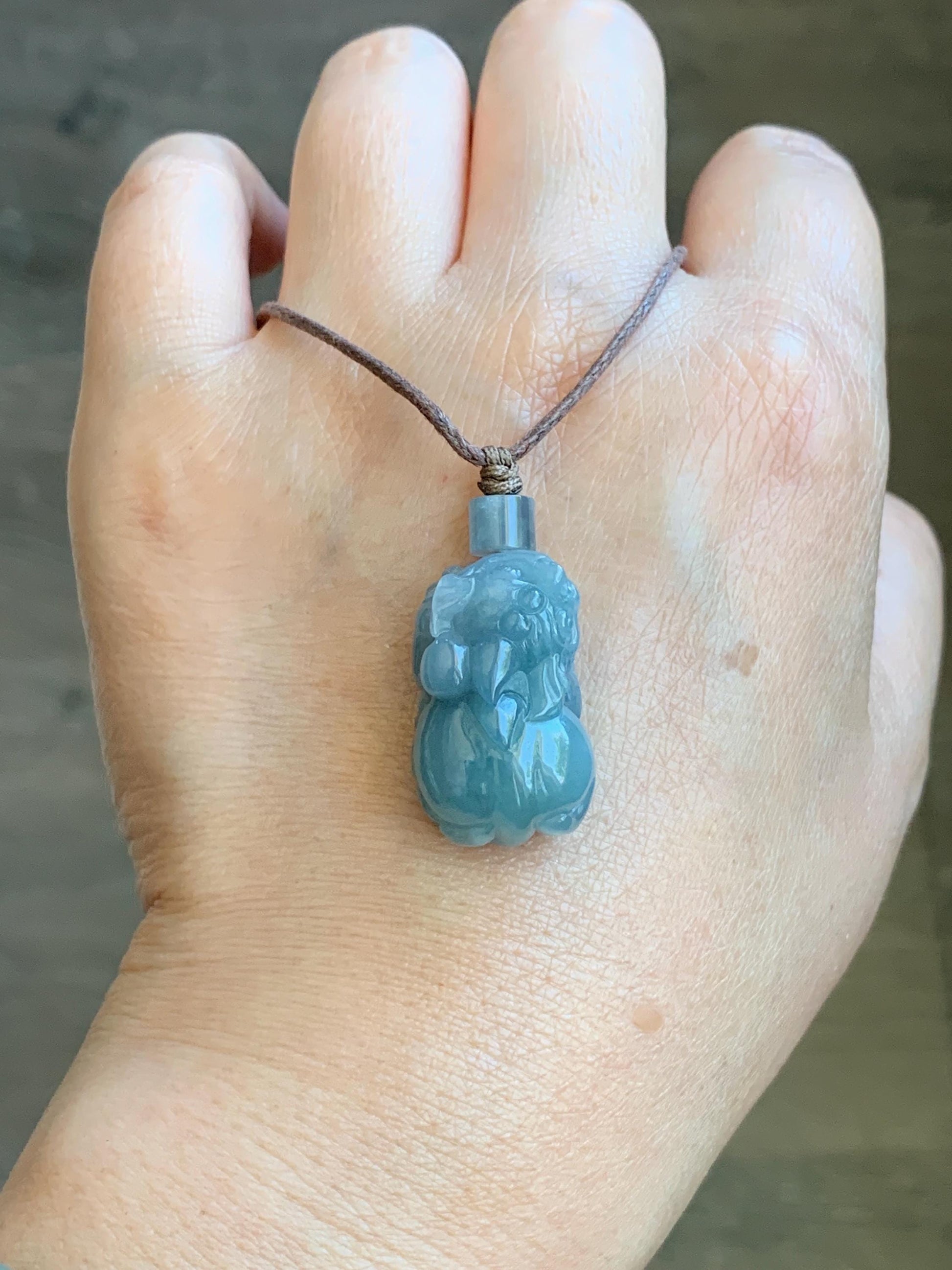 Natural Grade A Icy Translucent Gelatinous Light Blue Jade Jadeite Carved Pixiu Pendant Rope Necklace 25" 12g 天然冰胶浅蓝翡翠精工貔貅吊坠 MTL