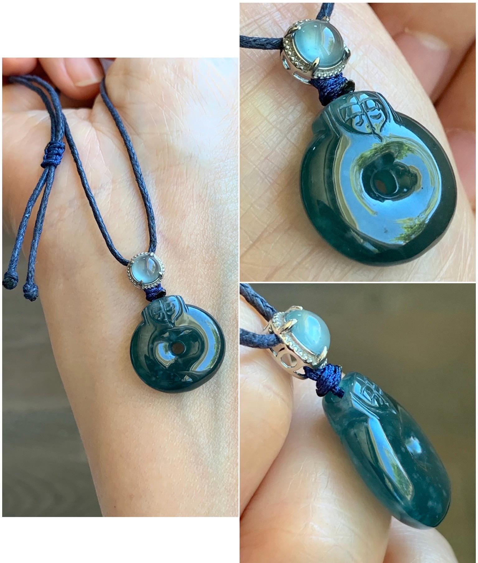 Natural Guatemalan Icy Translucent Dark Teal Blue Jadeite Ping An Kou Donut Pendant Sterling Silver Rope Necklace 26” 天然冰危深蓝翡翠平安扣吊坠项链 FGK100