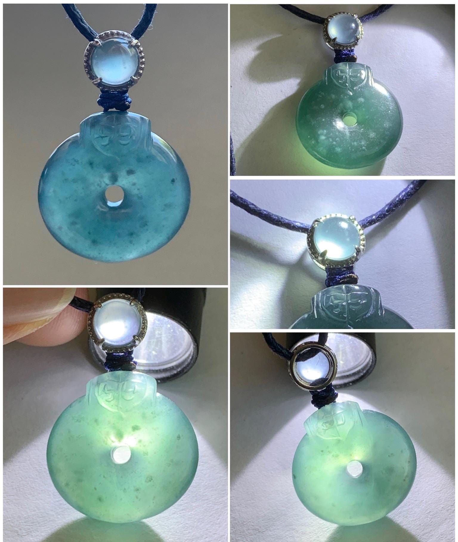 Natural Guatemalan Icy Translucent Dark Teal Blue Jadeite Ping An Kou Donut Pendant Sterling Silver Rope Necklace 26” 天然冰危深蓝翡翠平安扣吊坠项链 FGK100