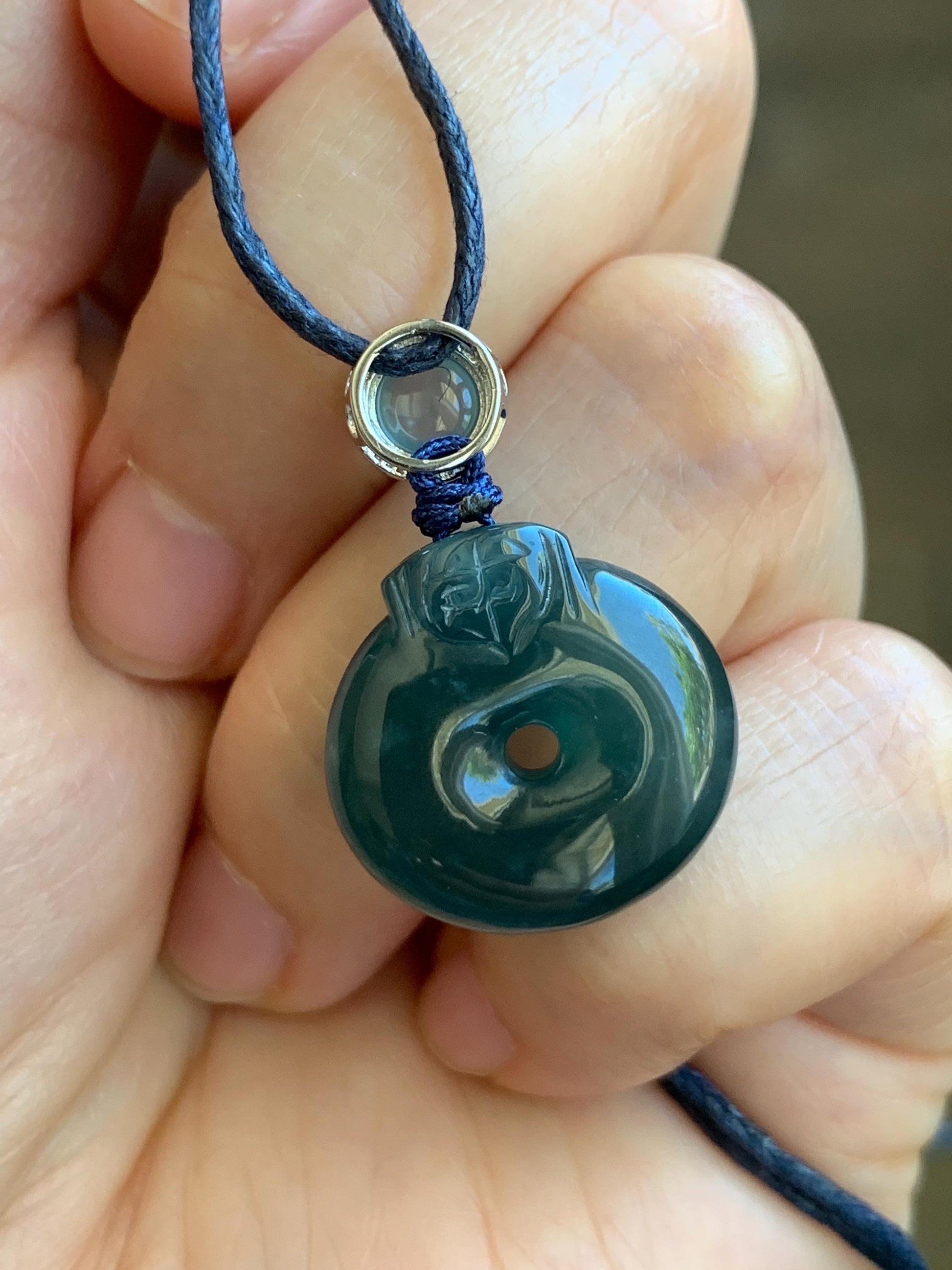 Natural Guatemalan Icy Translucent Dark Teal Blue Jadeite Ping An Kou Donut Pendant Sterling Silver Rope Necklace 26” 天然冰危深蓝翡翠平安扣吊坠项链 FGK100