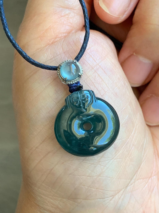 Natural Guatemalan Icy Translucent Dark Teal Blue Jadeite Ping An Kou Donut Pendant Sterling Silver Rope Necklace 26” 天然冰危深蓝翡翠平安扣吊坠项链 FGK100