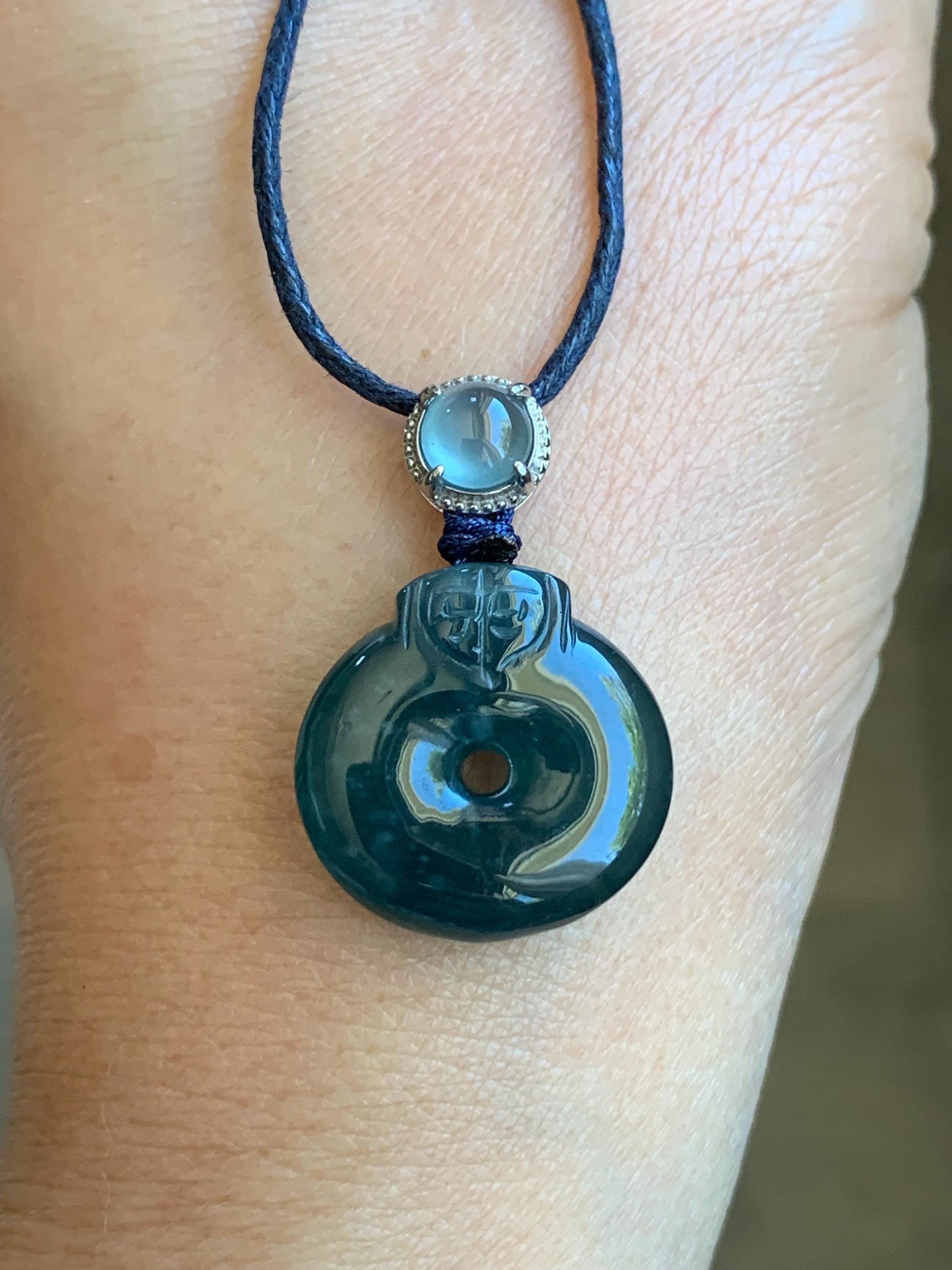 Natural Guatemalan Icy Translucent Dark Teal Blue Jadeite Ping An Kou Donut Pendant Sterling Silver Rope Necklace 26” 天然冰危深蓝翡翠平安扣吊坠项链 FGK100