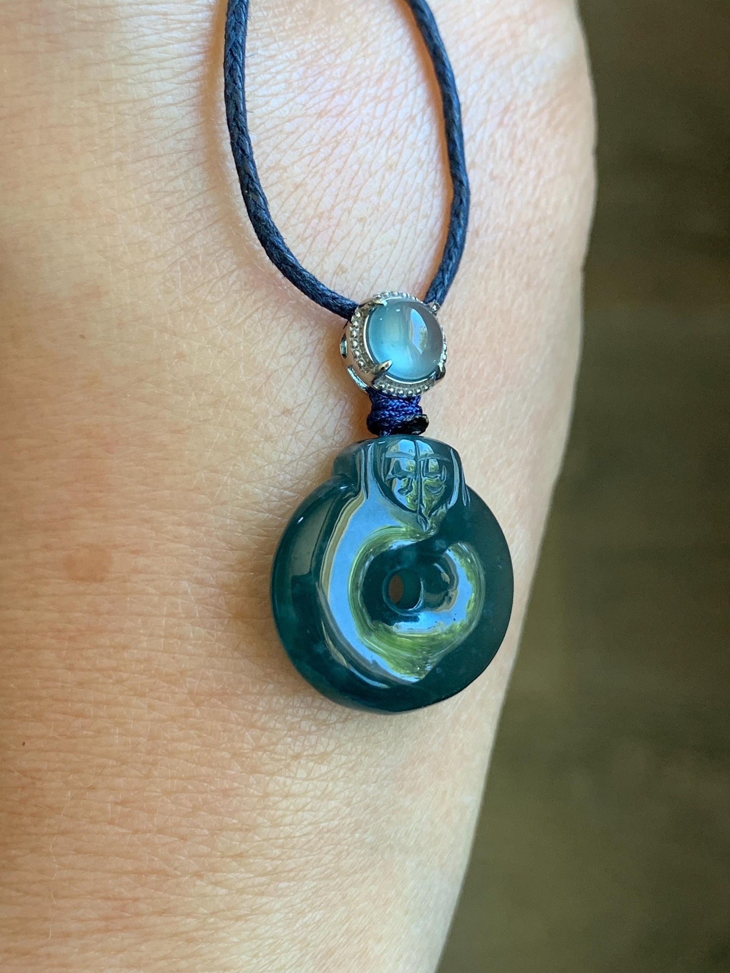Natural Guatemalan Icy Translucent Dark Teal Blue Jadeite Ping An Kou Donut Pendant Sterling Silver Rope Necklace 26” 天然冰危深蓝翡翠平安扣吊坠项链 FGK100