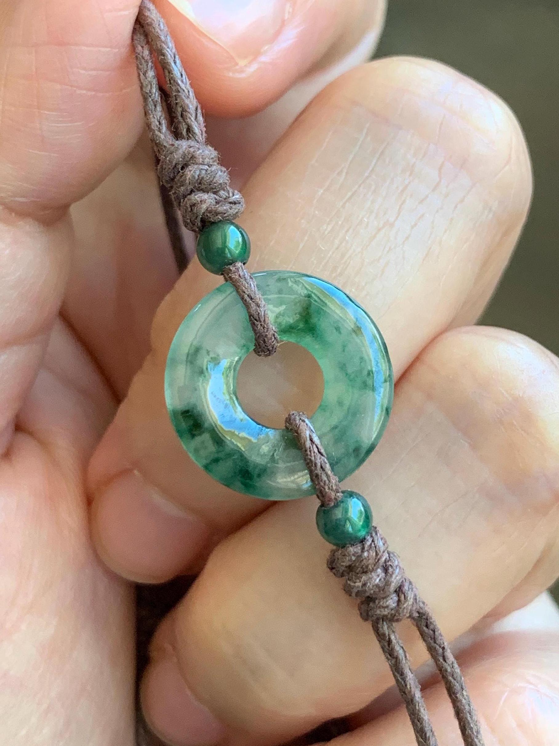 Natural Garde A Icy Highly Translucent Green Marbled Jadeite Petite Ping An Kou Donut Rope Bracelet Adjustable 9" 天然老种高冰飘花翡翠平安扣手绳 MLPK-B