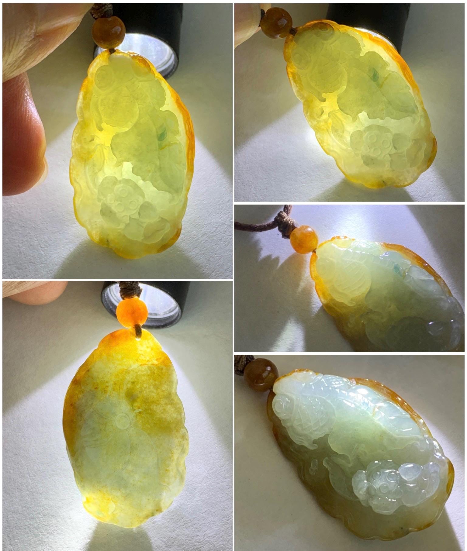 Natural Grade A Icy Highly Translucent Yellow Marbled Bicolored Jadeite Lotus Flower Goldfish Pendant Rope Necklace 25" 天然冰黄皮料翡翠莲花鱼吊坠 SHY220