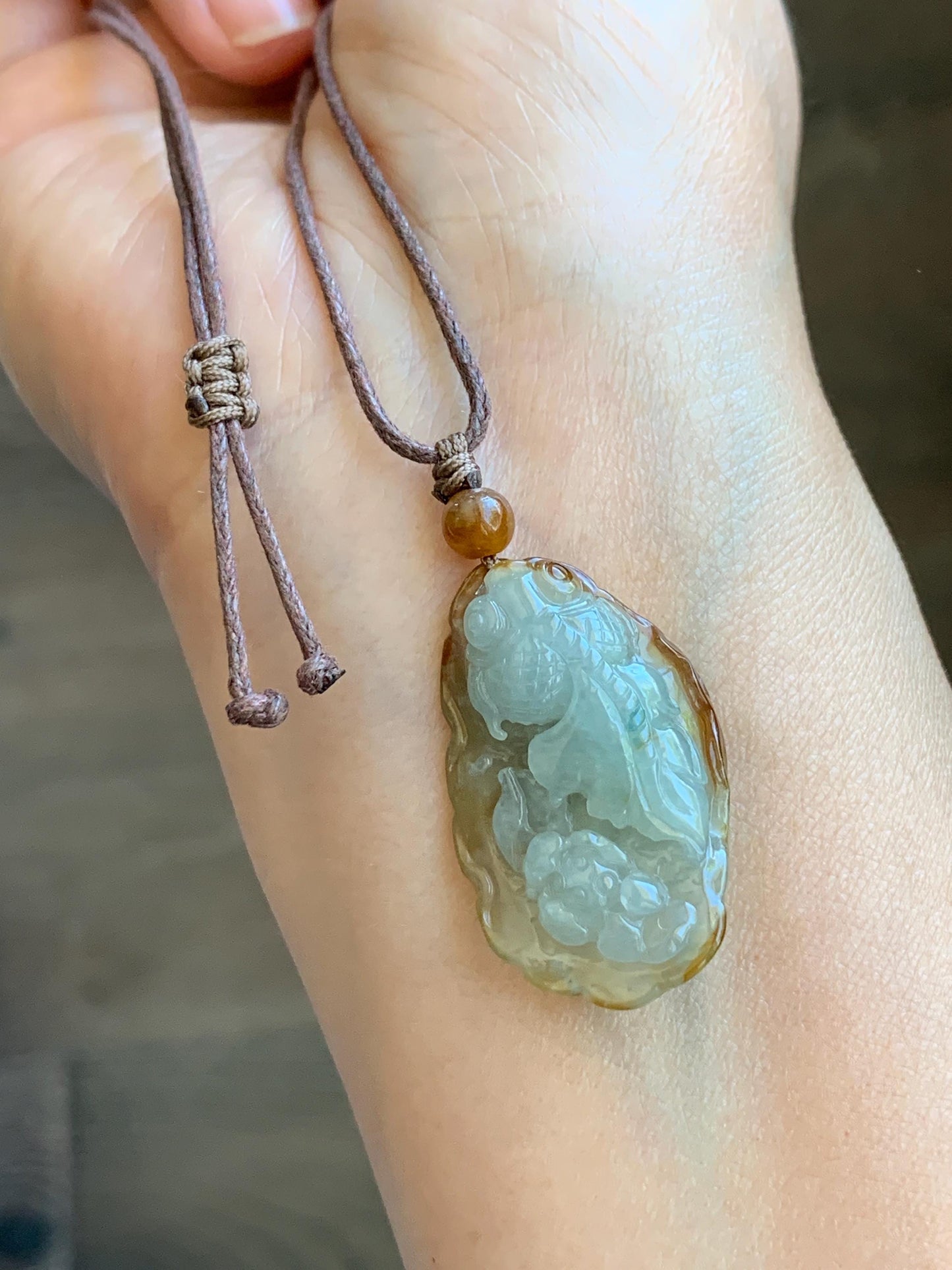 Natural Grade A Icy Highly Translucent Yellow Marbled Bicolored Jadeite Lotus Flower Goldfish Pendant Rope Necklace 25" 天然冰黄皮料翡翠莲花鱼吊坠 SHY220