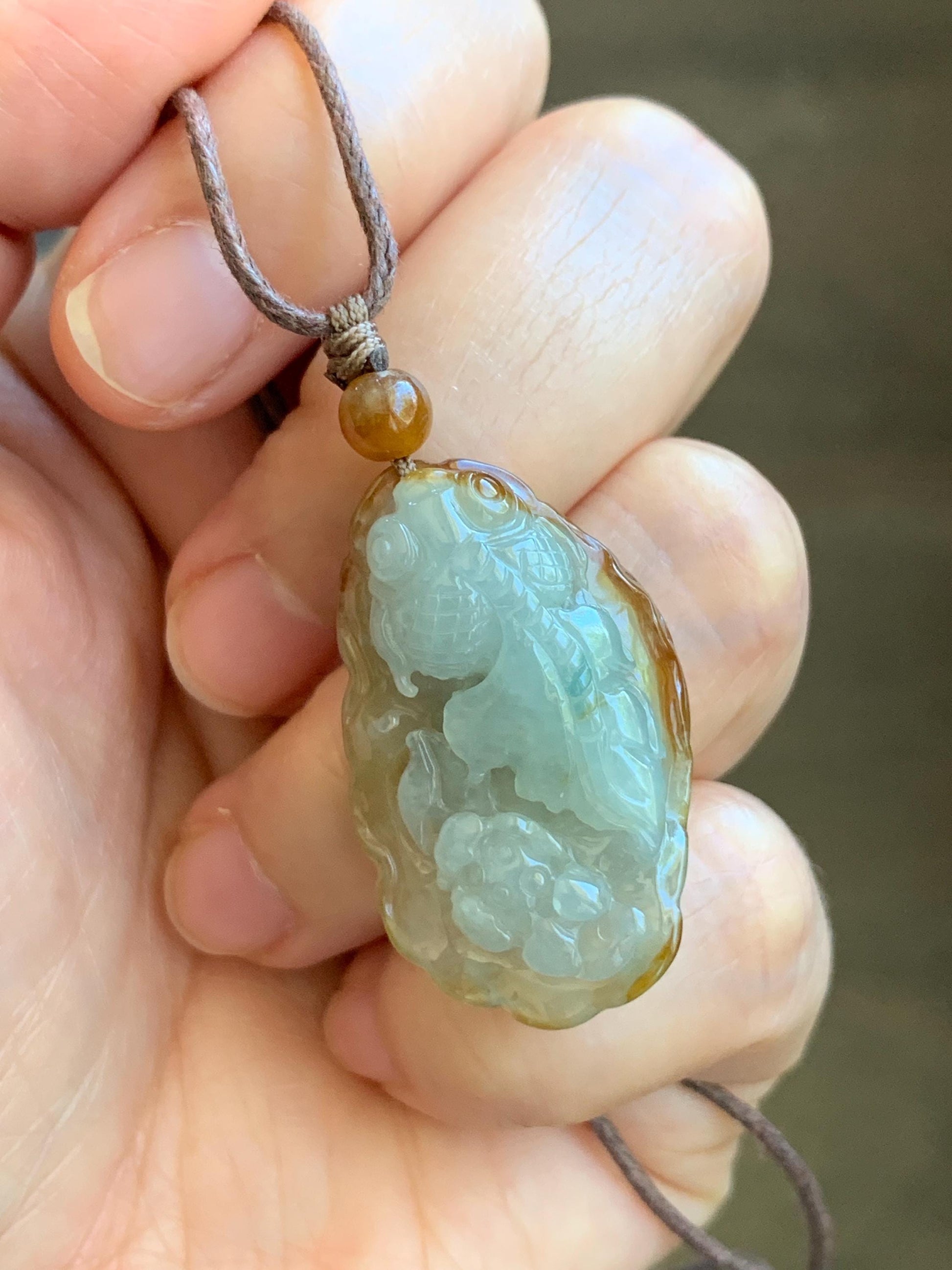 Natural Grade A Icy Highly Translucent Yellow Marbled Bicolored Jadeite Lotus Flower Goldfish Pendant Rope Necklace 25" 天然冰黄皮料翡翠莲花鱼吊坠 SHY220