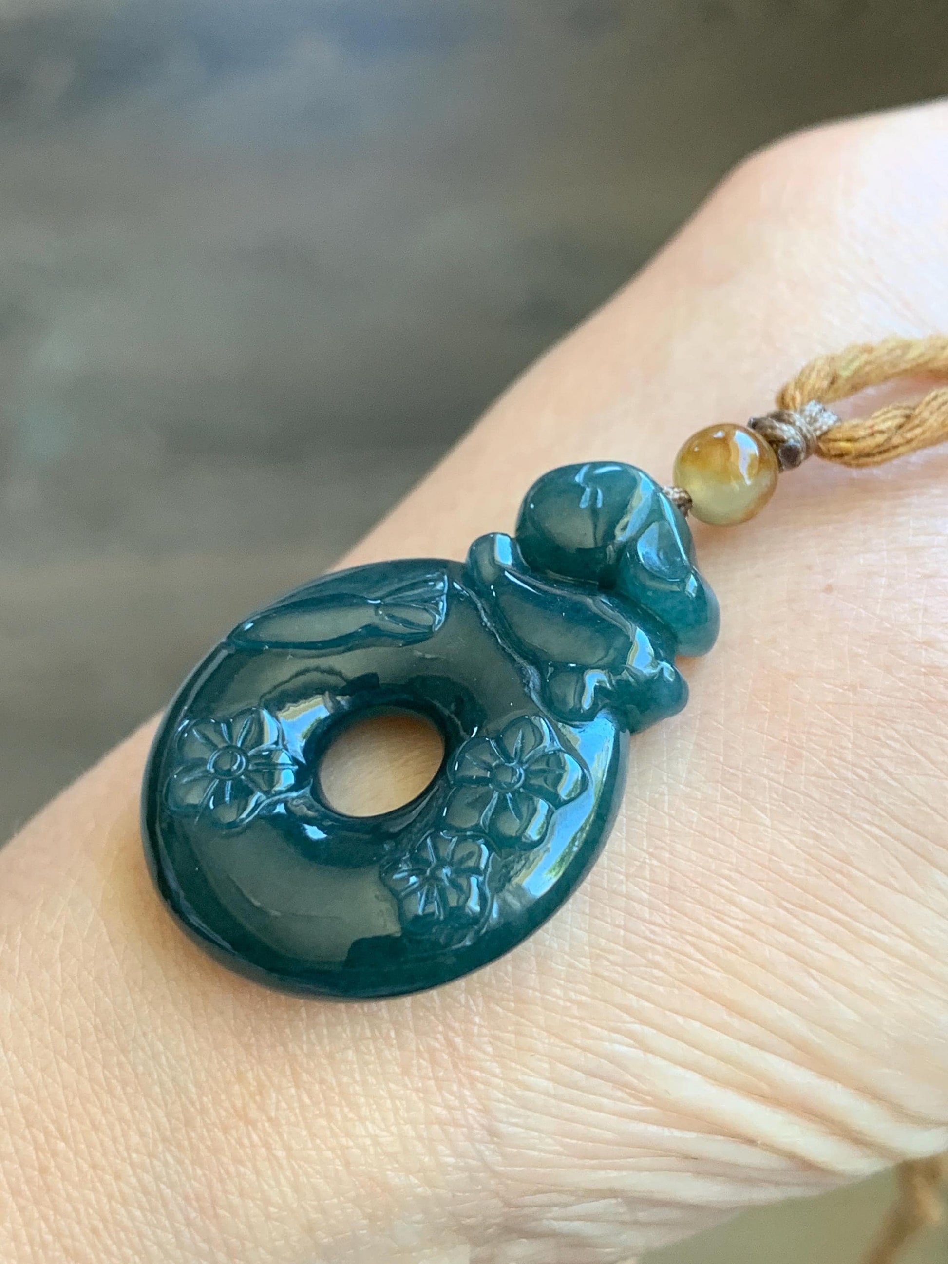 Natural Guatemalan Icy Translucent Deep Teal Blue Jadeite Rabbit Cherry Blossom Ping An Kou Donut Pendant Rope Necklace 天然冰危深蓝翡翠小兔梅花双面平安扣吊坠